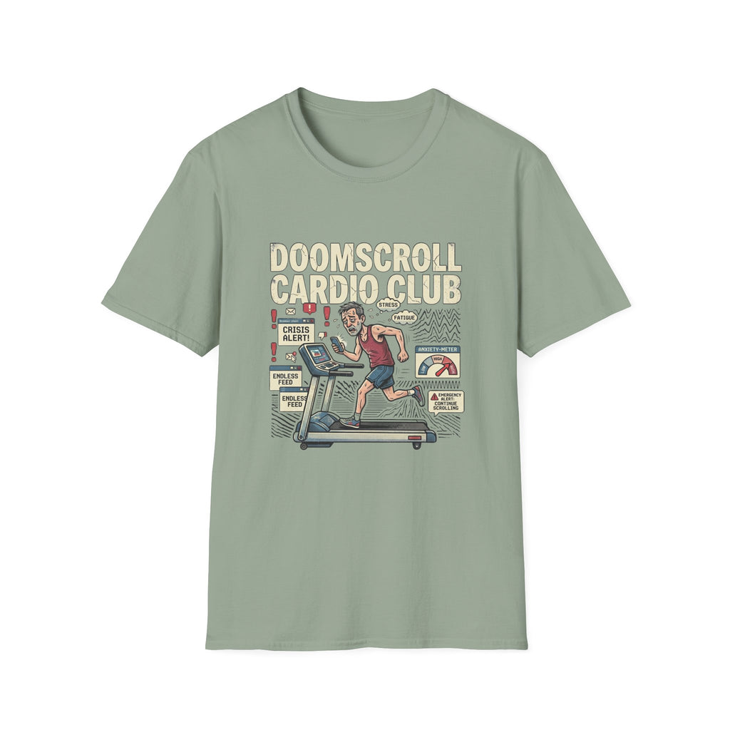 Doomscroll Cardio Club T-Shirt - Funny Running Tee for Anxious News-Bingers
