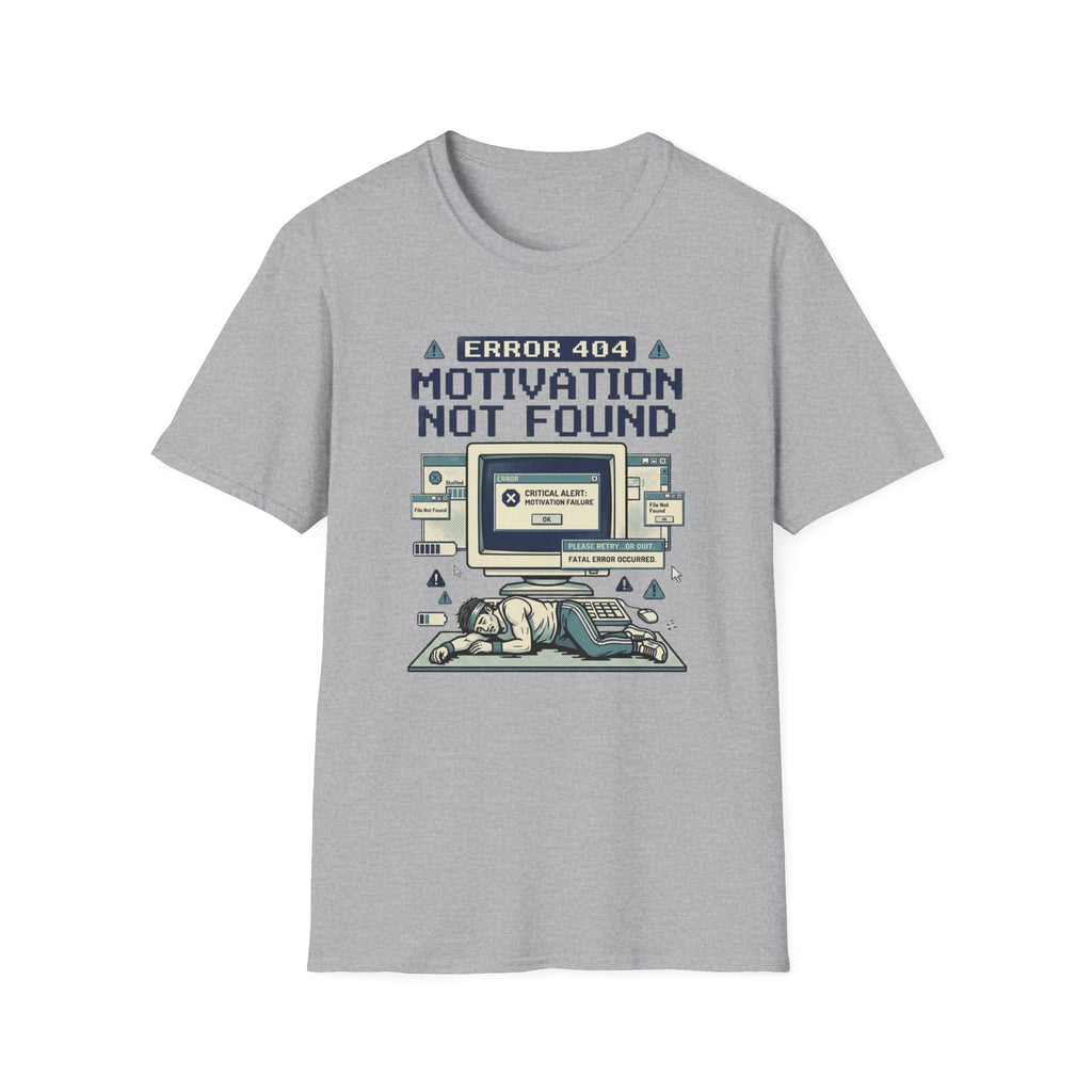 Motivation Not Found T-Shirt - Retro Error 404 Graphic Tee for Gamers & Students