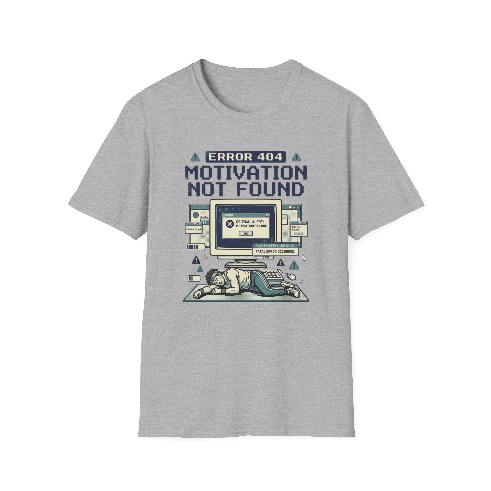 Motivation Not Found T-Shirt - Retro Error 404 Graphic Tee for Gamers & Students