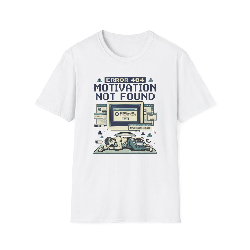 Motivation Not Found T-Shirt - Retro Error 404 Graphic Tee for Gamers & Students