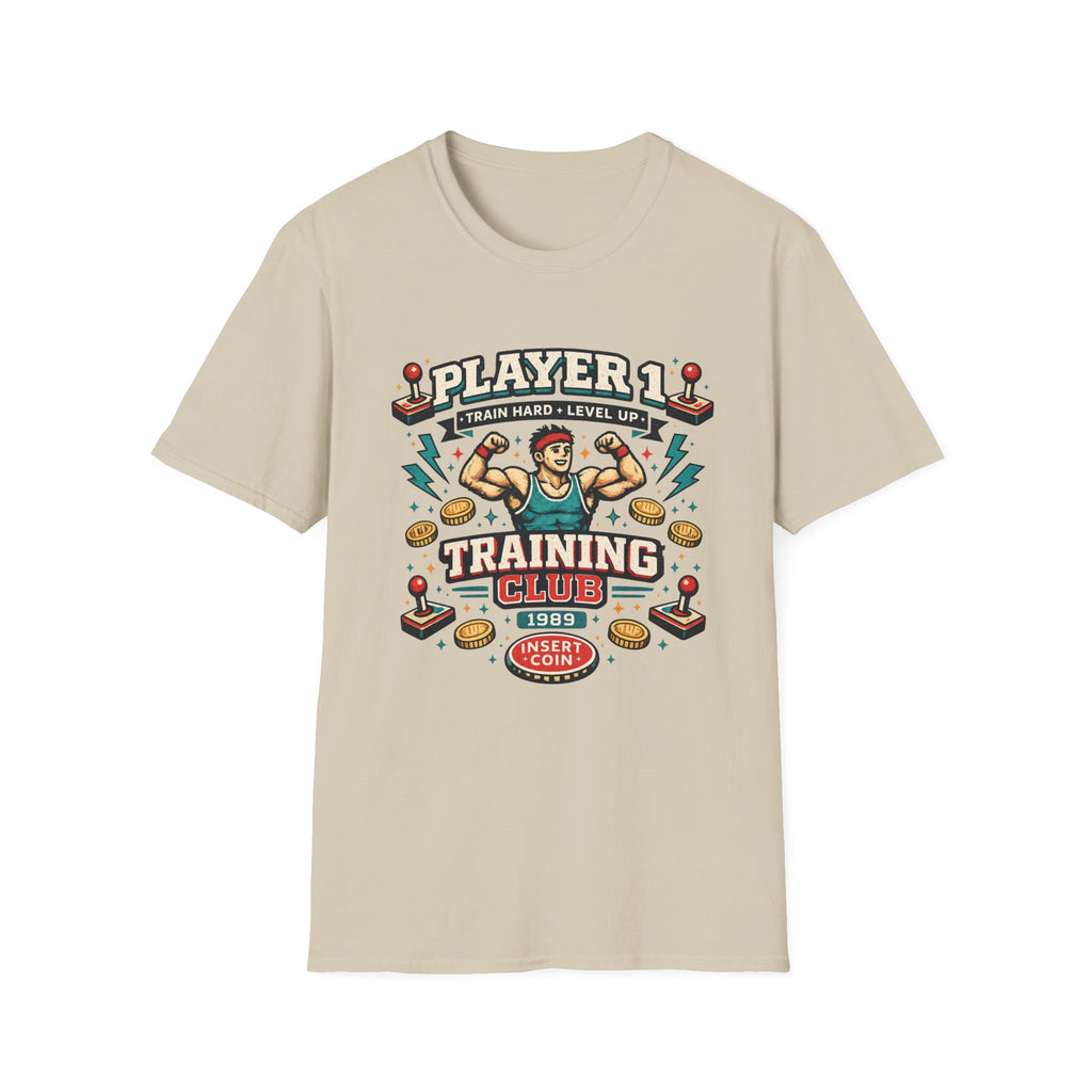 Player 1 Training Club T-Shirt - "Train Hard • Level Up" Gamer Fitness Tee