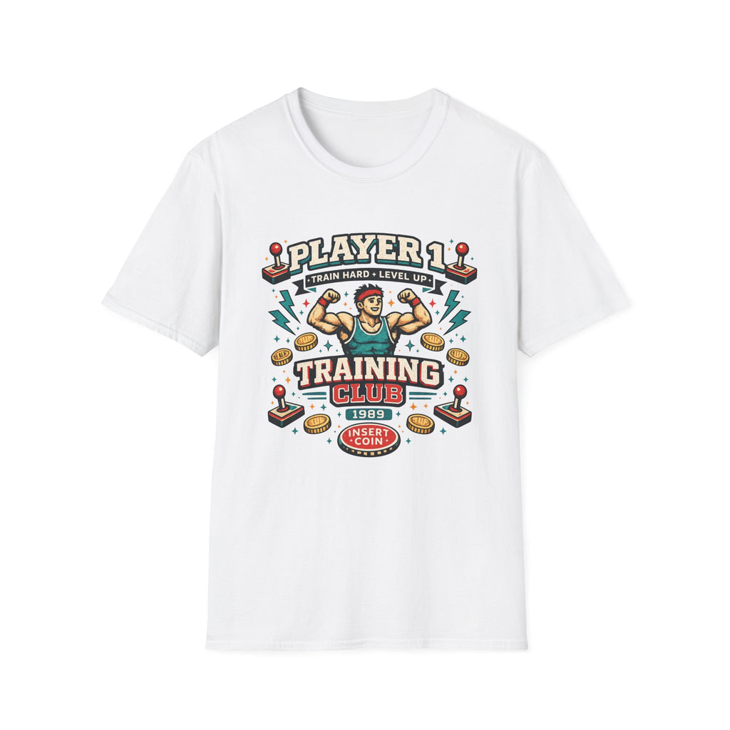 Player 1 Training Club T-Shirt - "Train Hard • Level Up" Gamer Fitness Tee