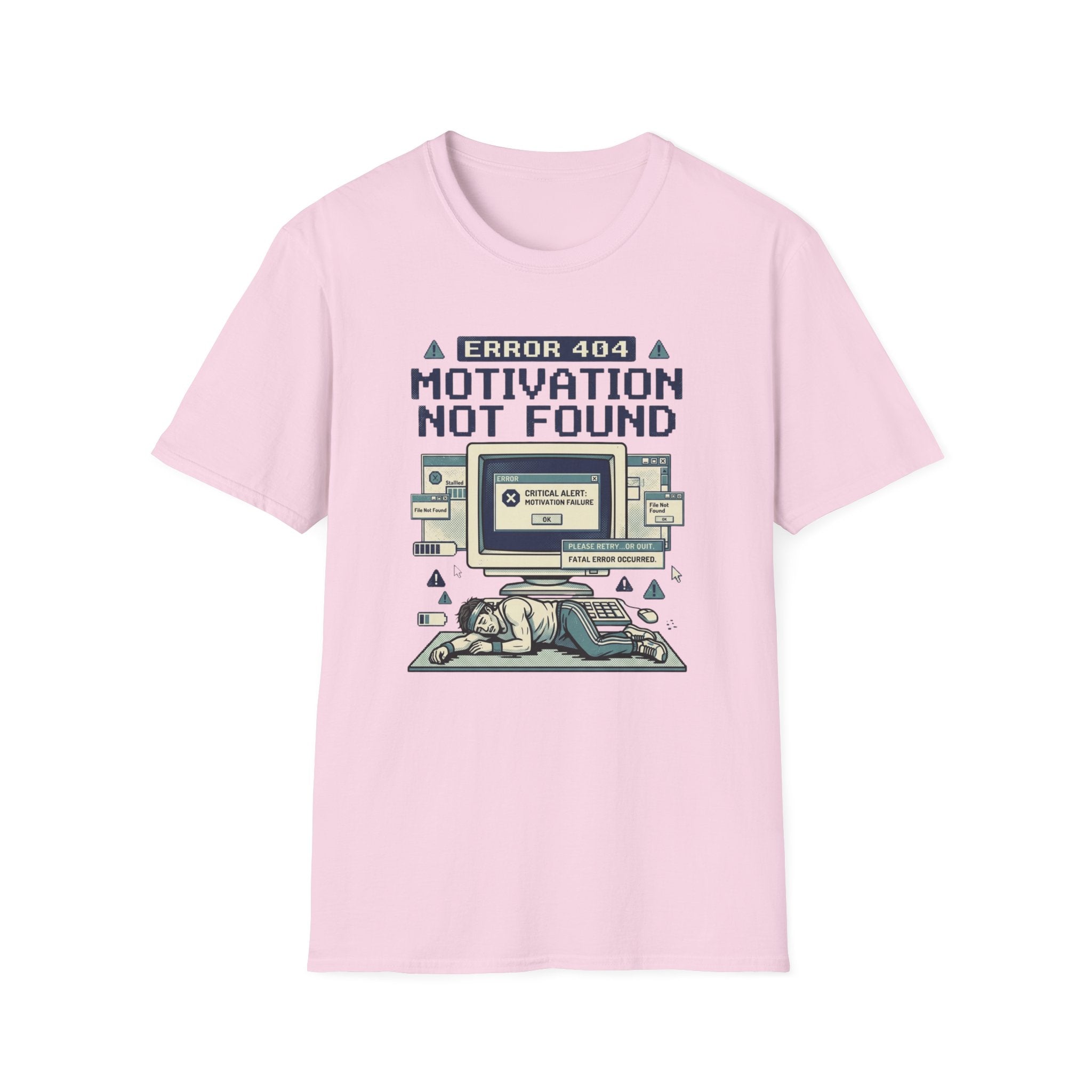 Motivation Not Found T-Shirt - Retro Error 404 Graphic Tee for Gamers & Students