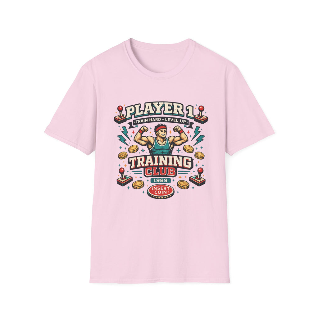 Player 1 Training Club T-Shirt - "Train Hard • Level Up" Gamer Fitness Tee