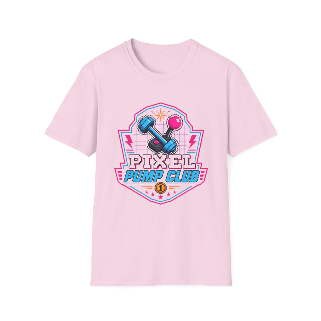 Pixel Pump Club T-Shirt - Retro Gaming Dumbbell Fitness Tee