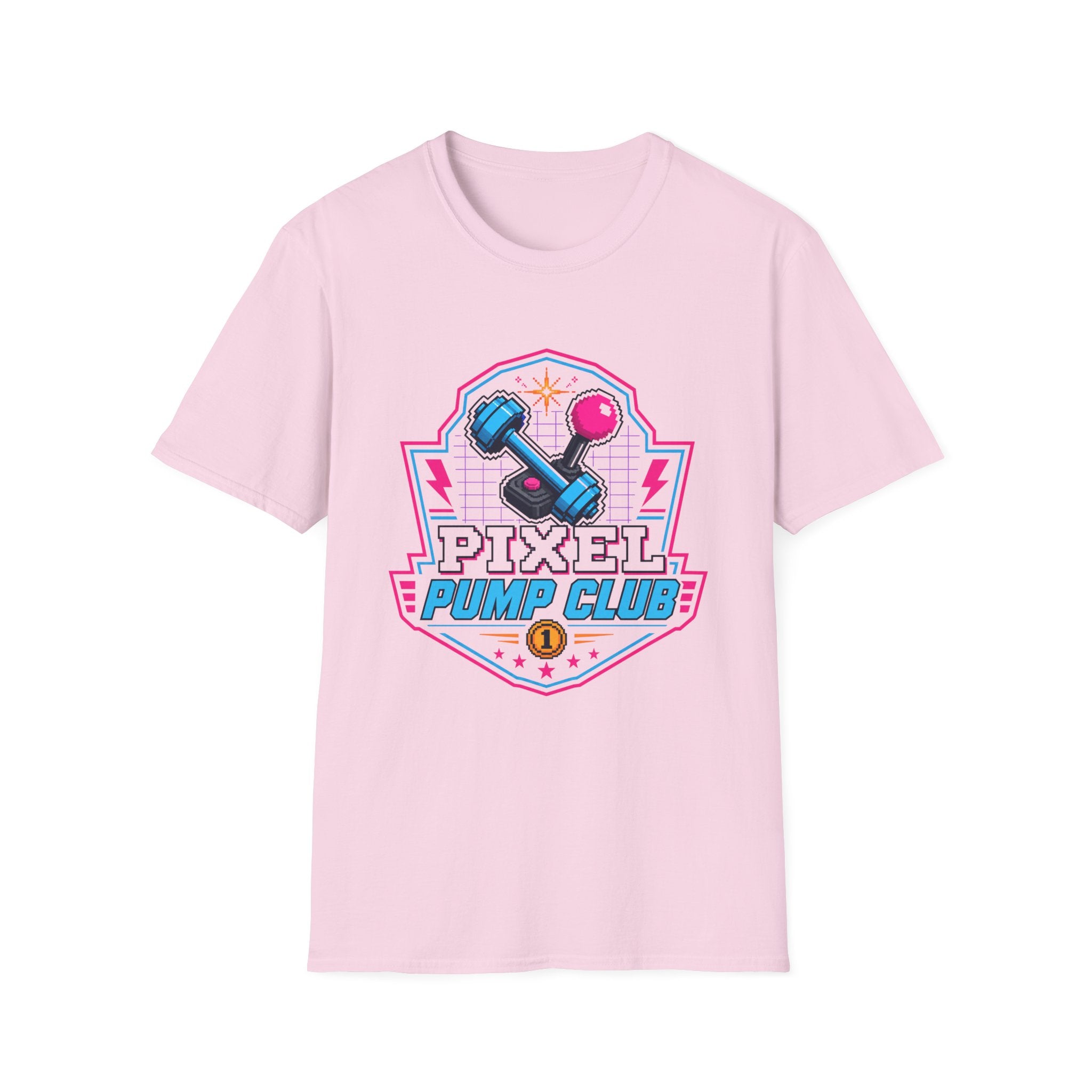 Pixel Pump Club T-Shirt - Retro Gaming Dumbbell Fitness Tee
