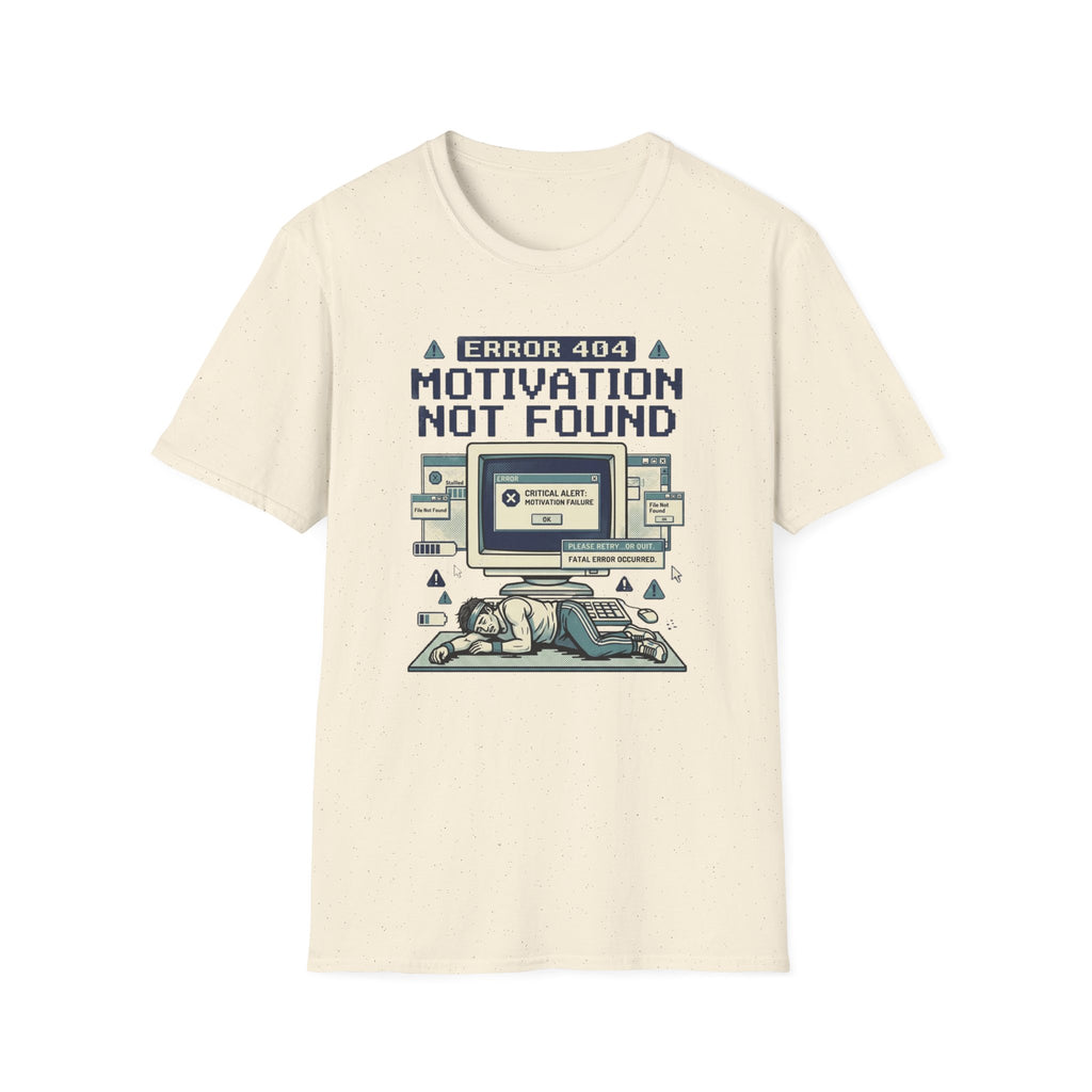 Motivation Not Found T-Shirt - Retro Error 404 Graphic Tee for Gamers & Students