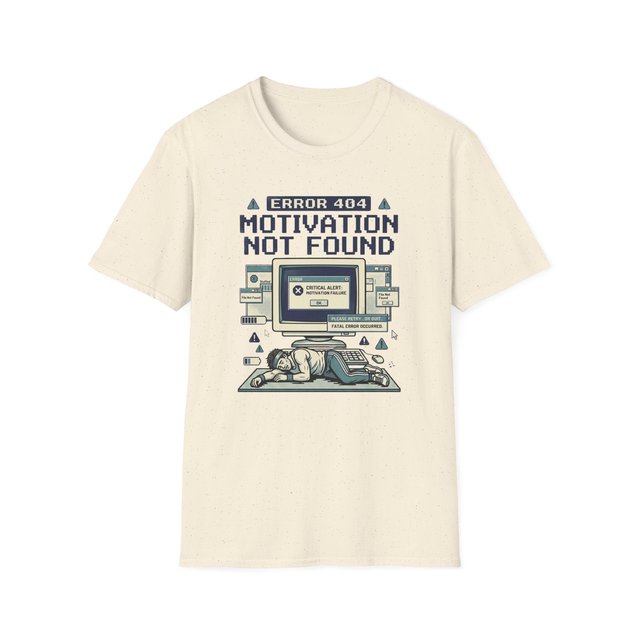 Motivation Not Found T-Shirt - Retro Error 404 Graphic Tee for Gamers & Students