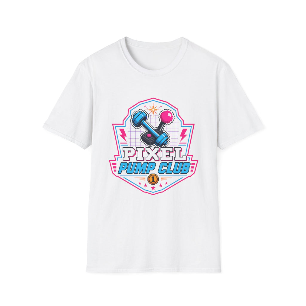 Pixel Pump Club T-Shirt - Retro Gaming Dumbbell Fitness Tee