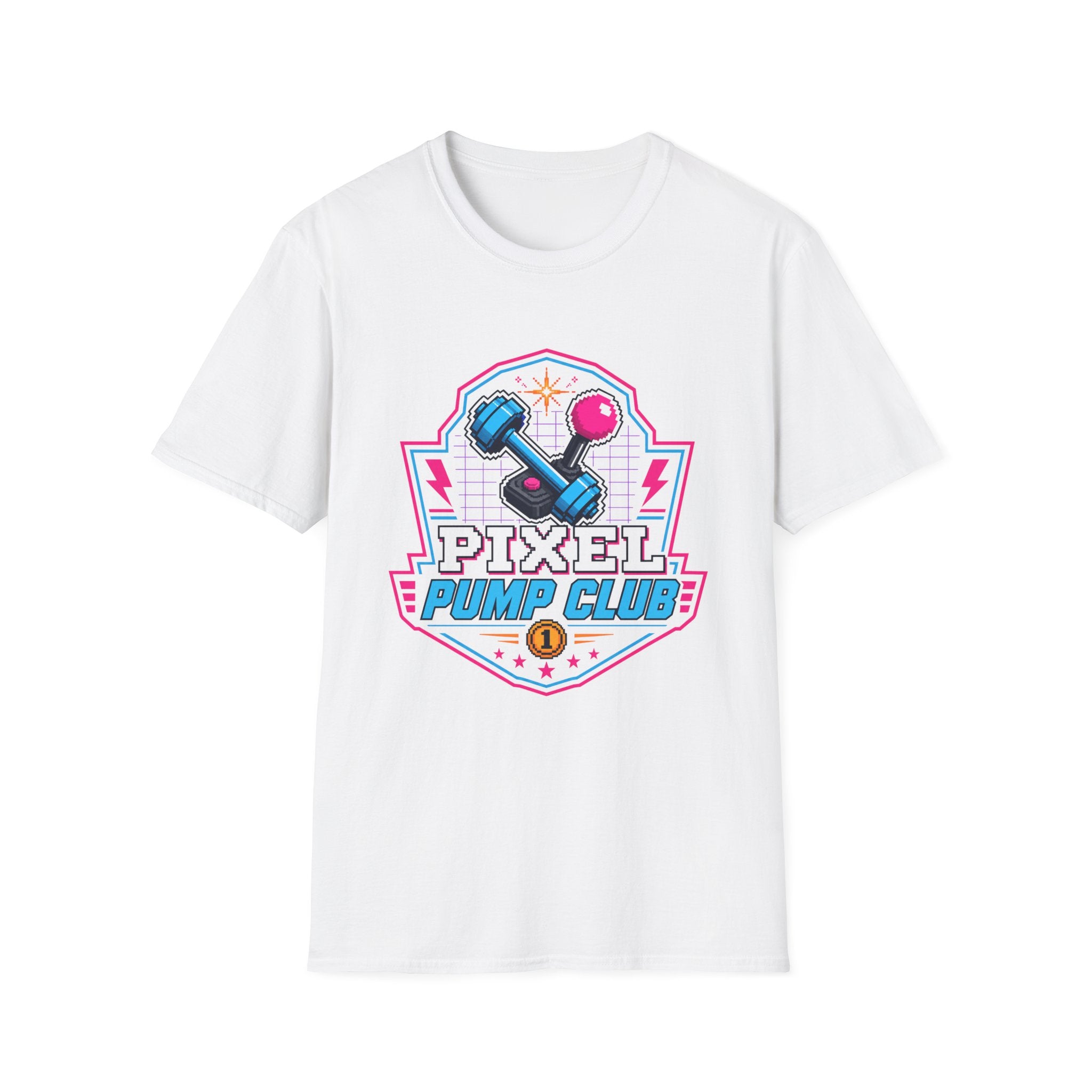 Pixel Pump Club T-Shirt - Retro Gaming Dumbbell Fitness Tee