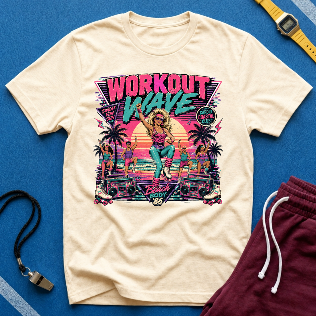 Workout Wave T-Shirt - Retro 80s Fitness Beach Graphic