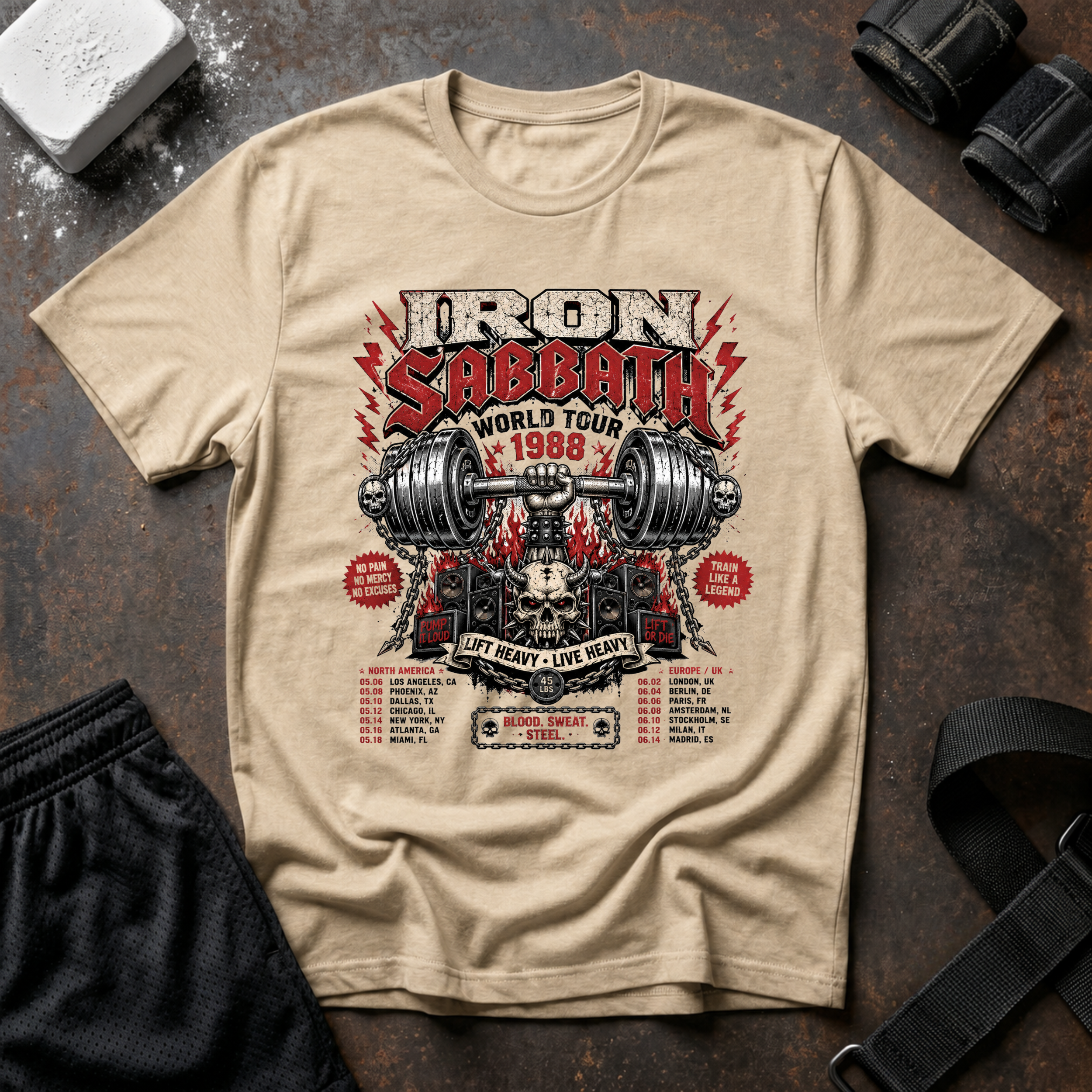 Iron Sabbath 1988 World Tour T-Shirt - Vintage Gym Barbell Rock Tee