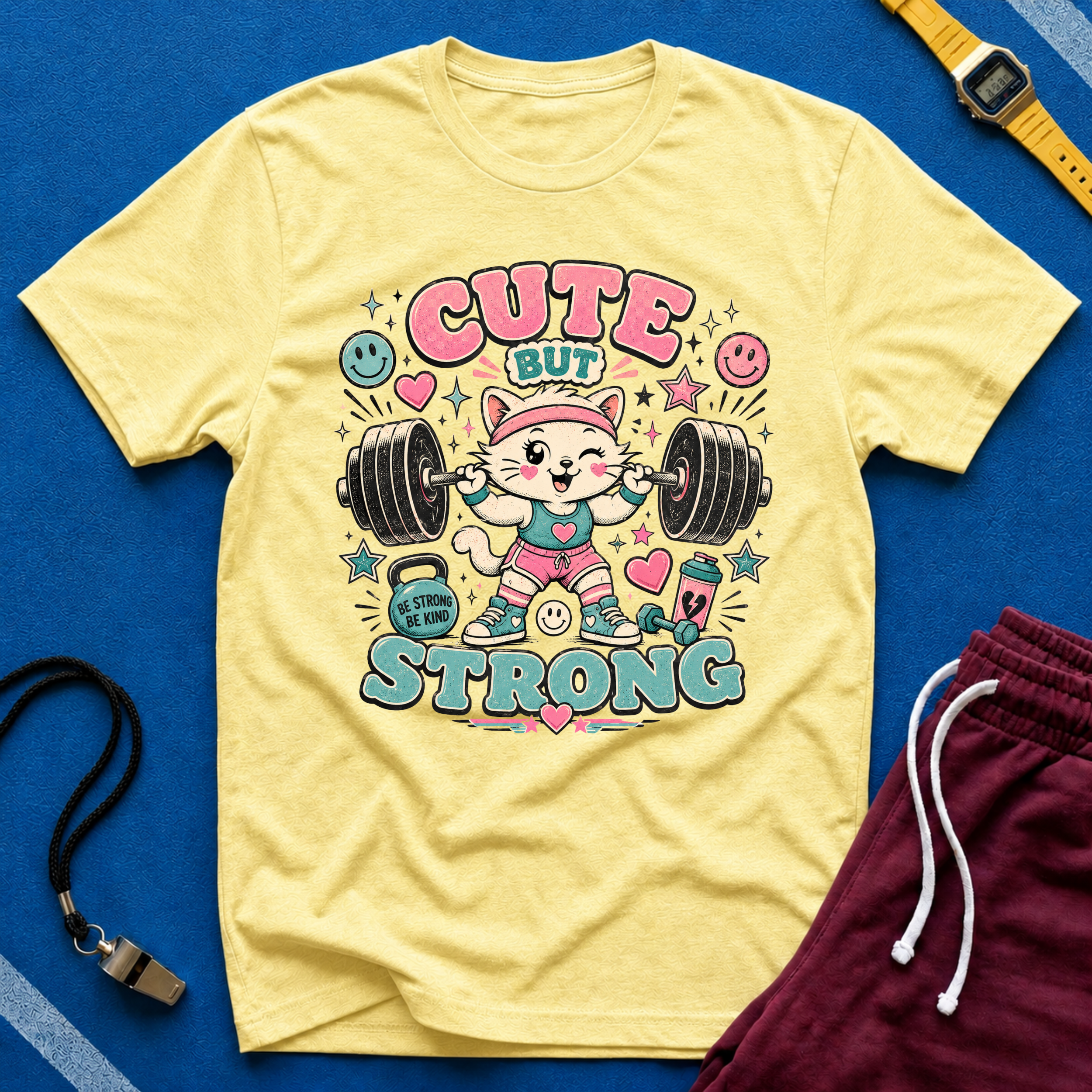 Cute But Strong T-Shirt - Kawaii Weightlifting Cat Gym Tee