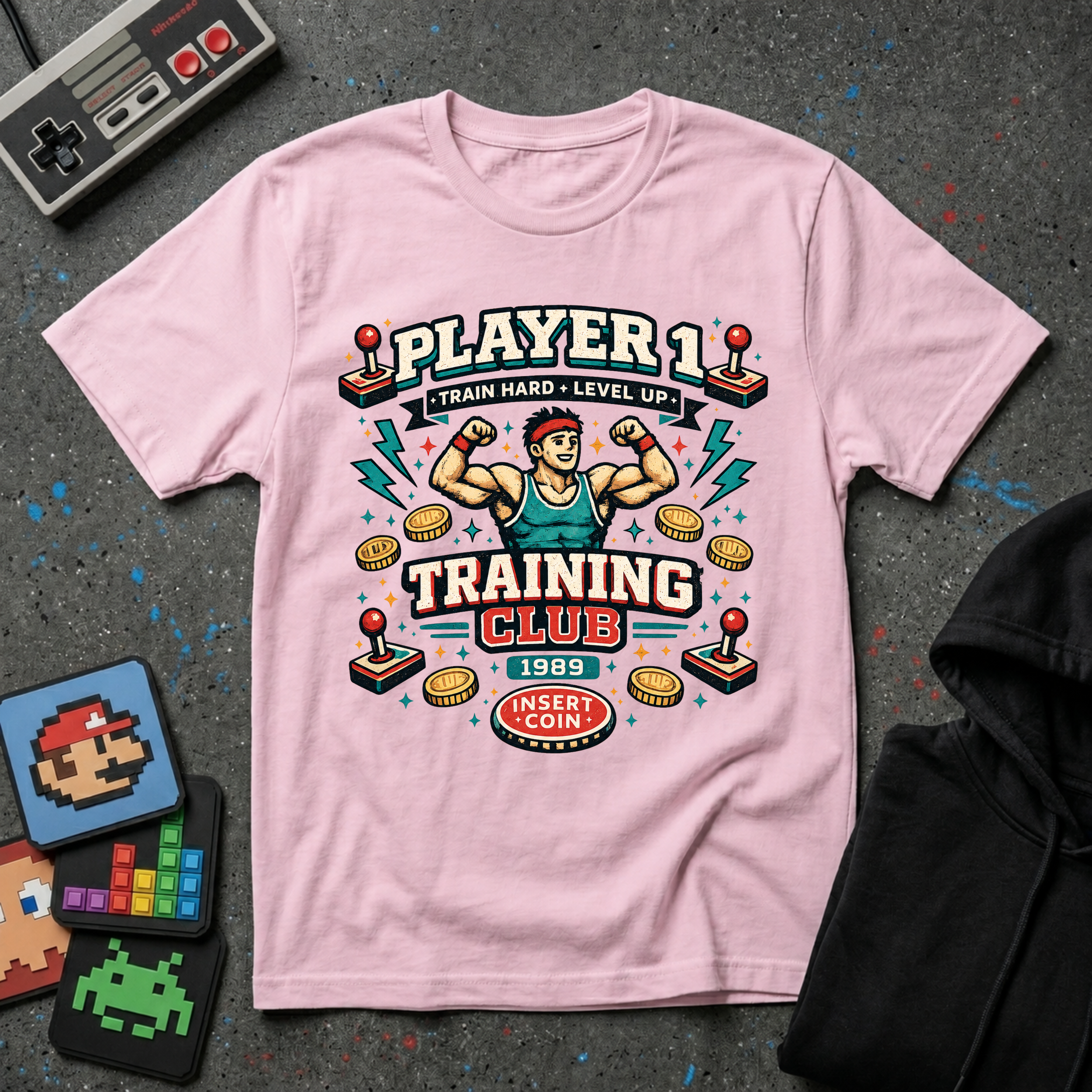 Player 1 Training Club T-Shirt - "Train Hard • Level Up" Gamer Fitness Tee