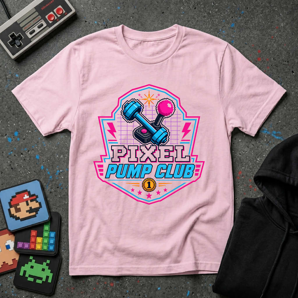 Pixel Pump Club T-Shirt - Retro Gaming Dumbbell Fitness Tee