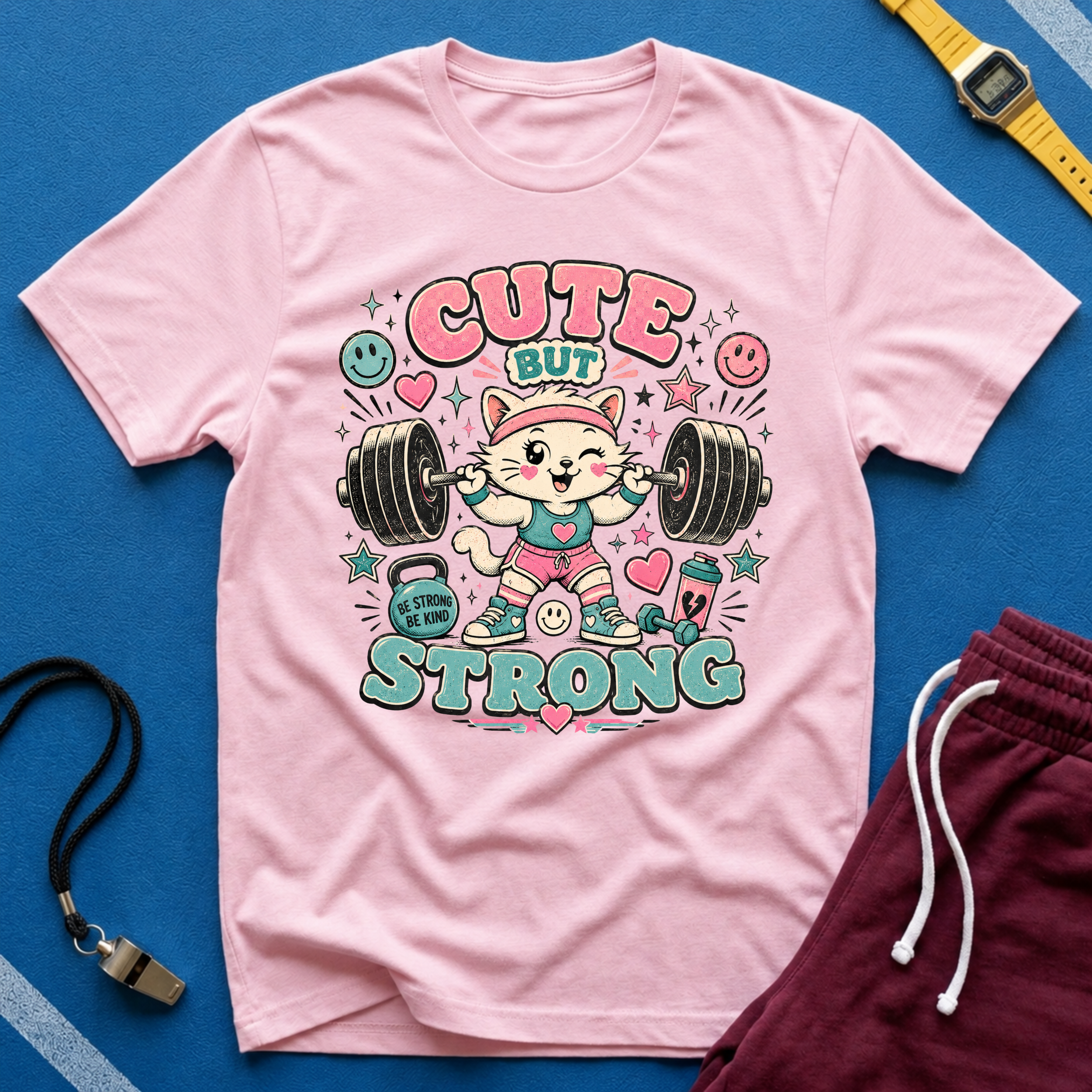 Cute But Strong T-Shirt - Kawaii Weightlifting Cat Gym Tee