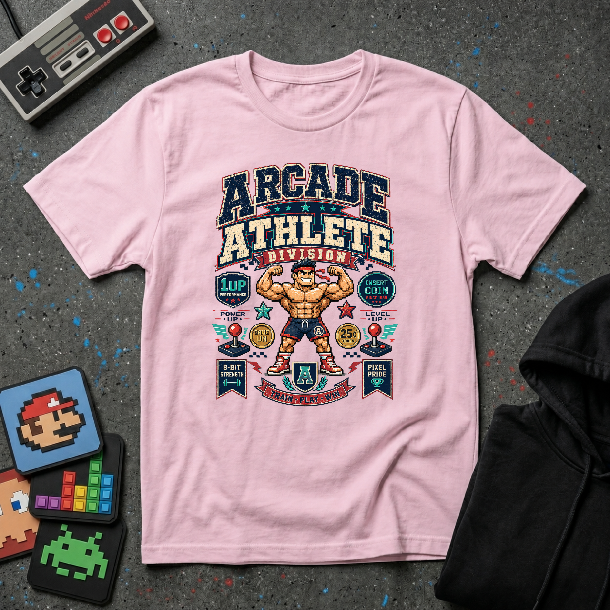 Arcade Athlete T-Shirt - Retro Gaming Muscle Graphic Tee