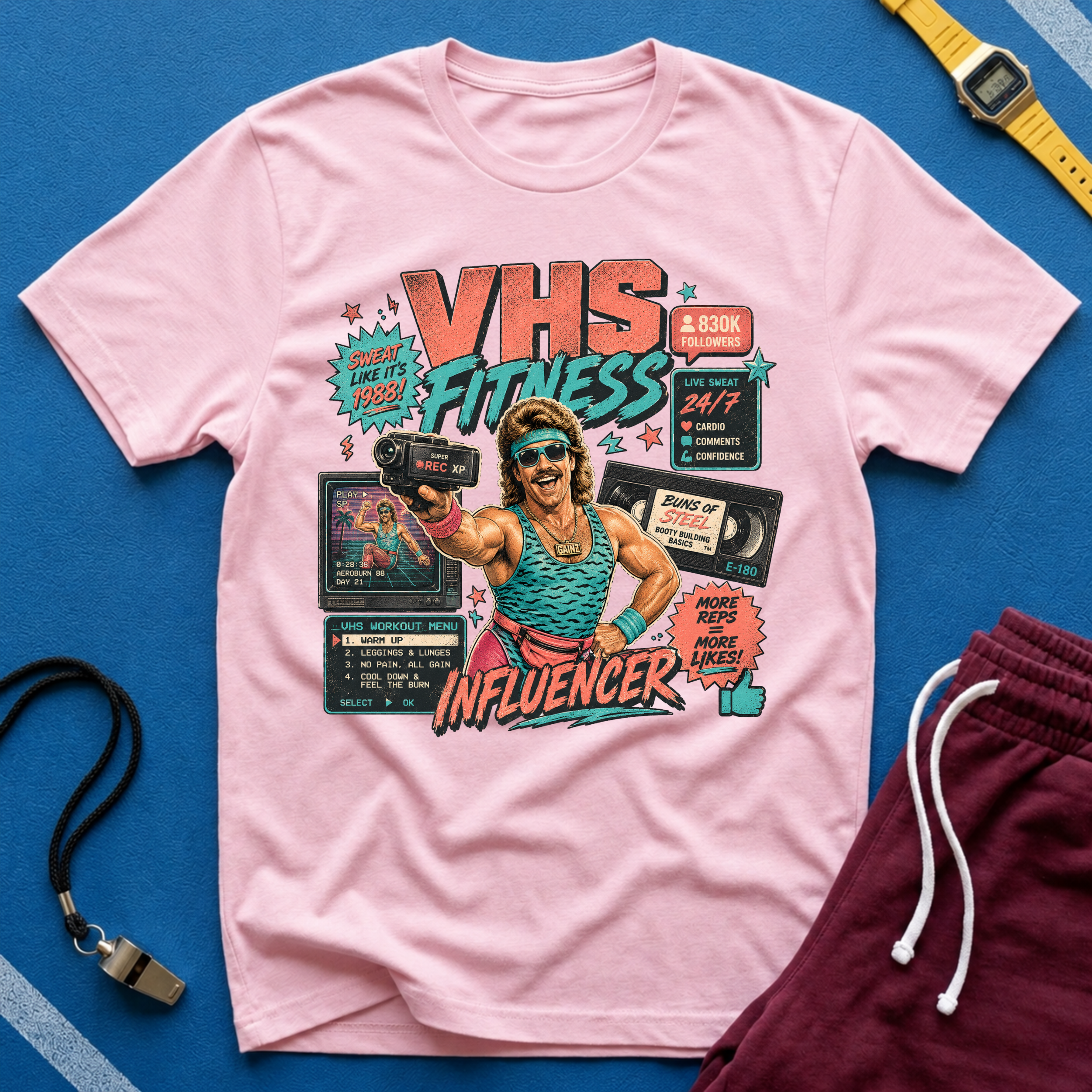 VHS Fitness Retro T-Shirt - "Influencer" 80s Workout Vintage Tee