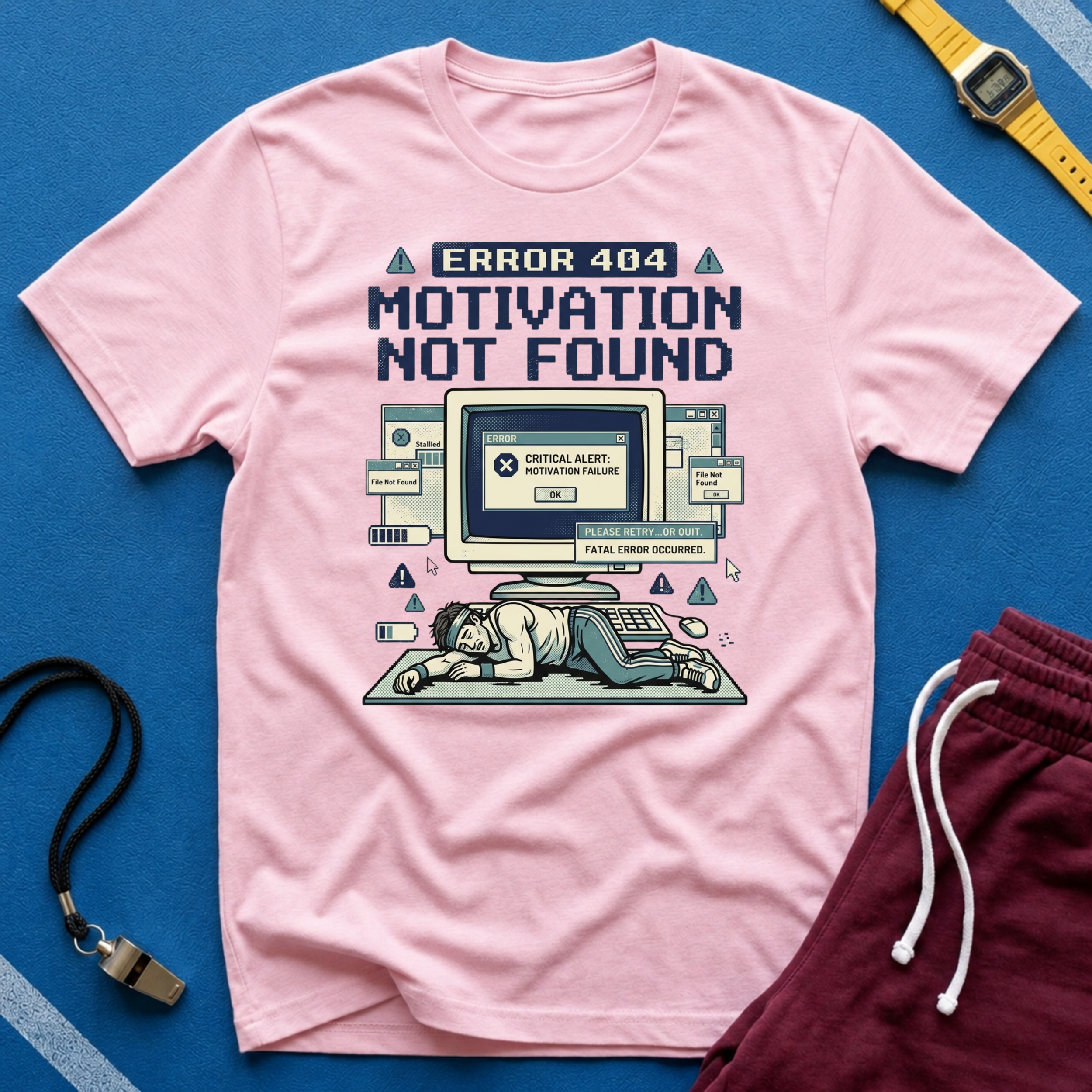 Motivation Not Found T-Shirt - Retro Error 404 Graphic Tee for Gamers & Students