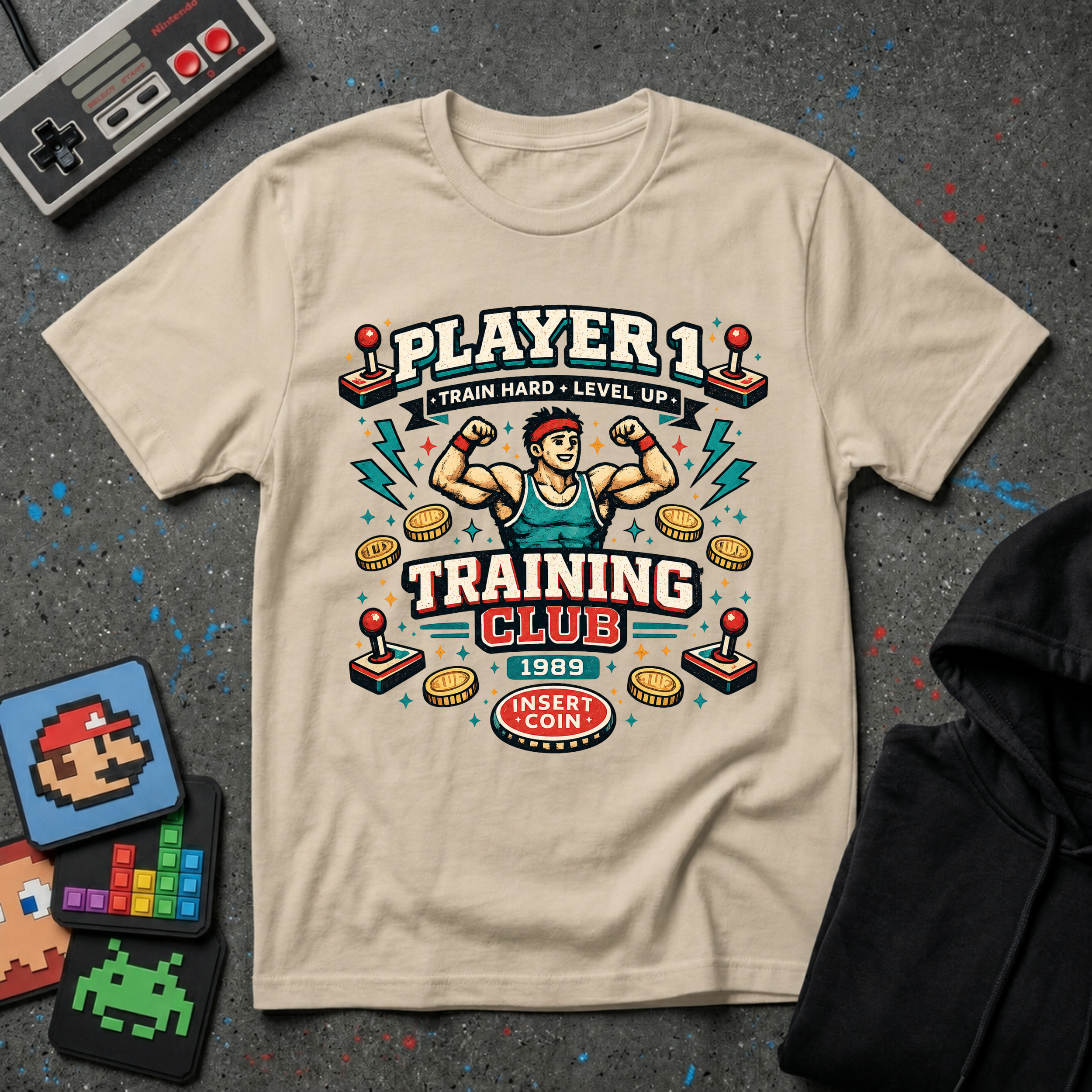 Player 1 Training Club T-Shirt - "Train Hard • Level Up" Gamer Fitness Tee