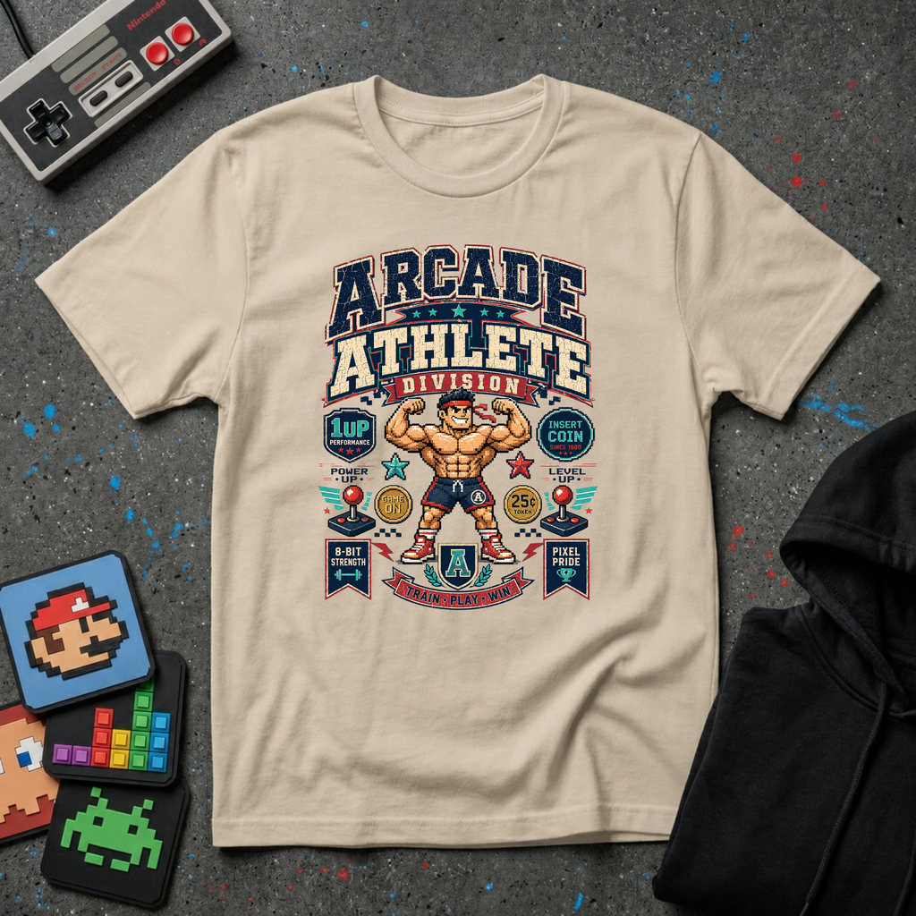 Arcade Athlete T-Shirt - Retro Gaming Muscle Graphic Tee