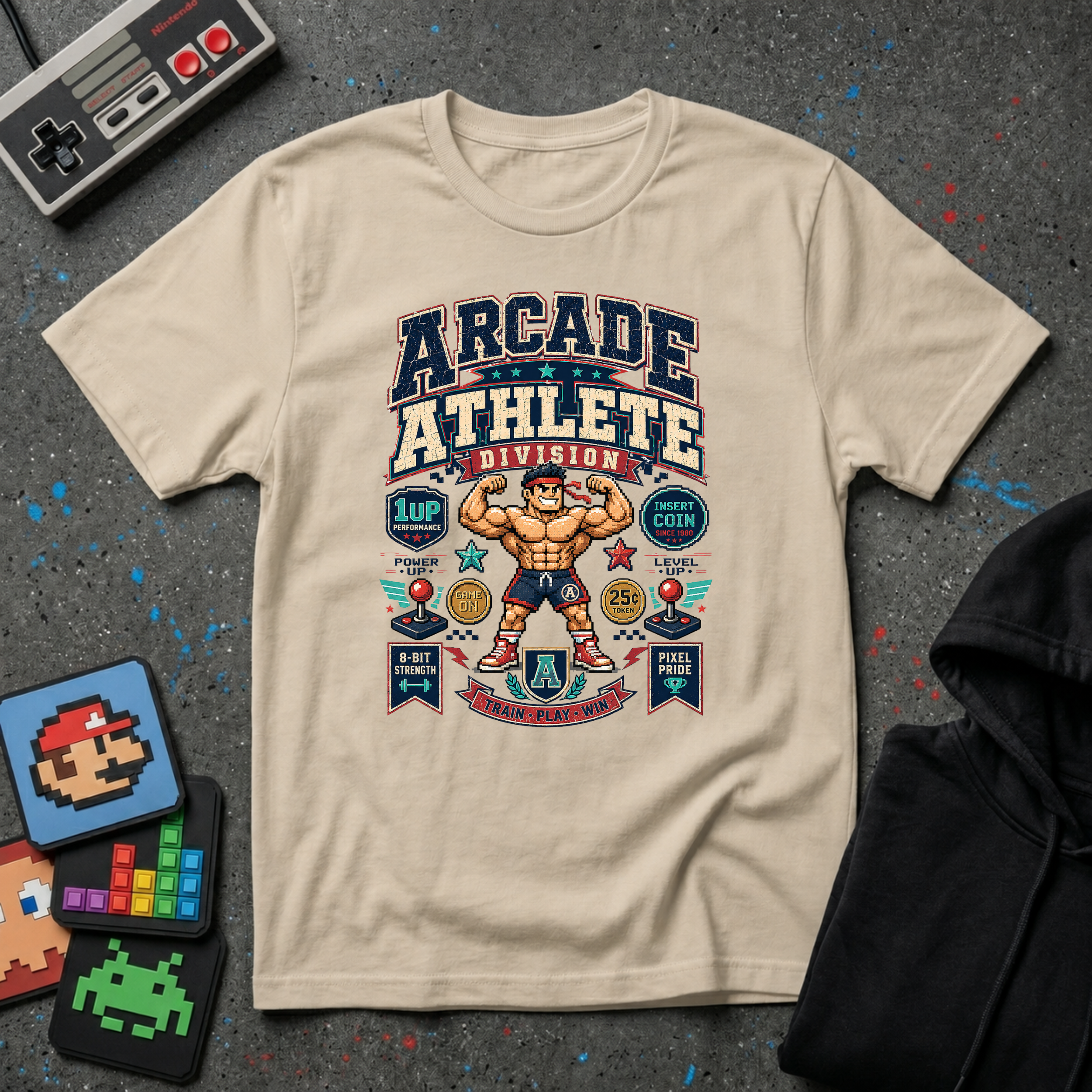 Arcade Athlete T-Shirt - Retro Gaming Muscle Graphic Tee