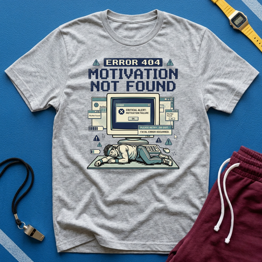 Motivation Not Found T-Shirt - Retro Error 404 Graphic Tee for Gamers & Students