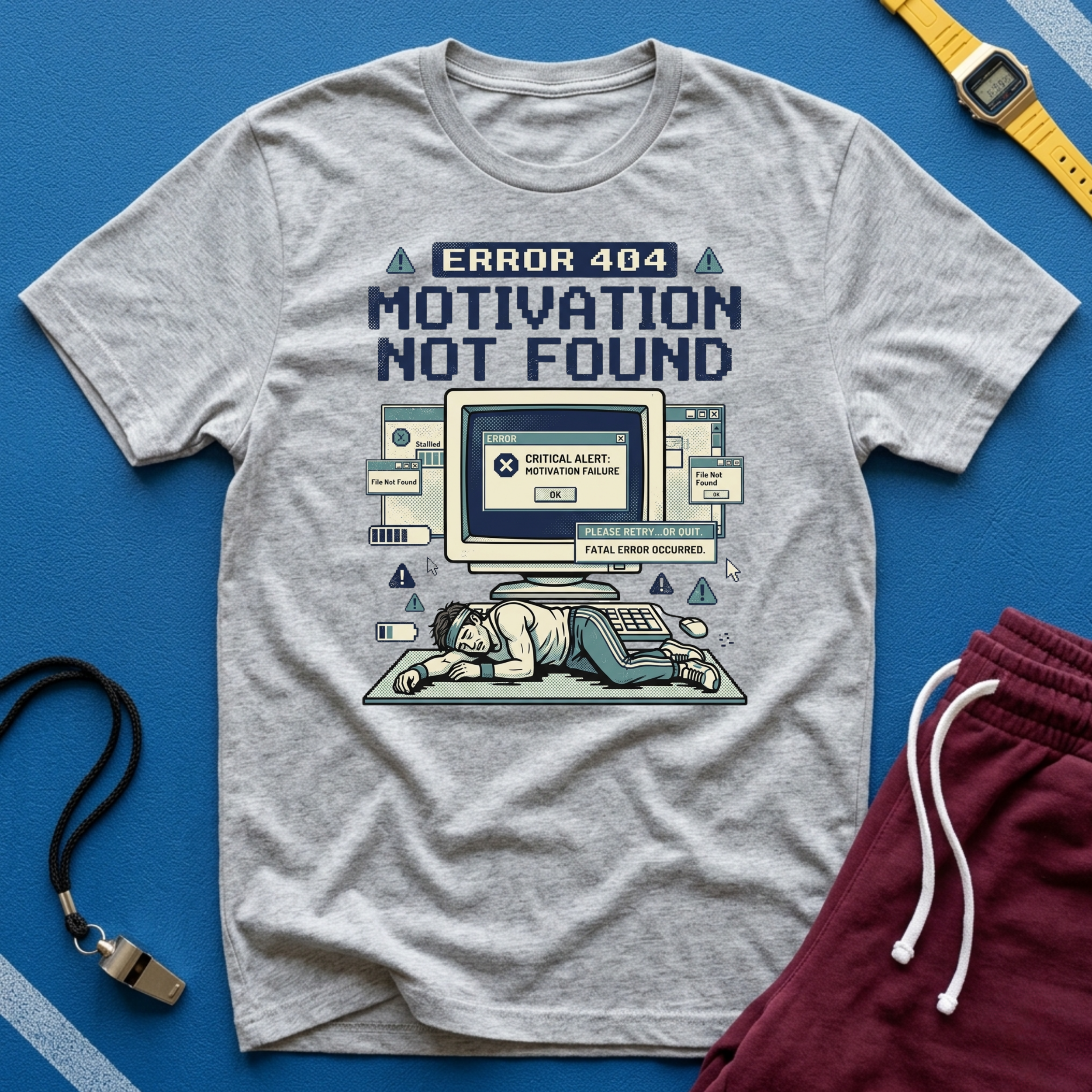 Motivation Not Found T-Shirt - Retro Error 404 Graphic Tee for Gamers & Students