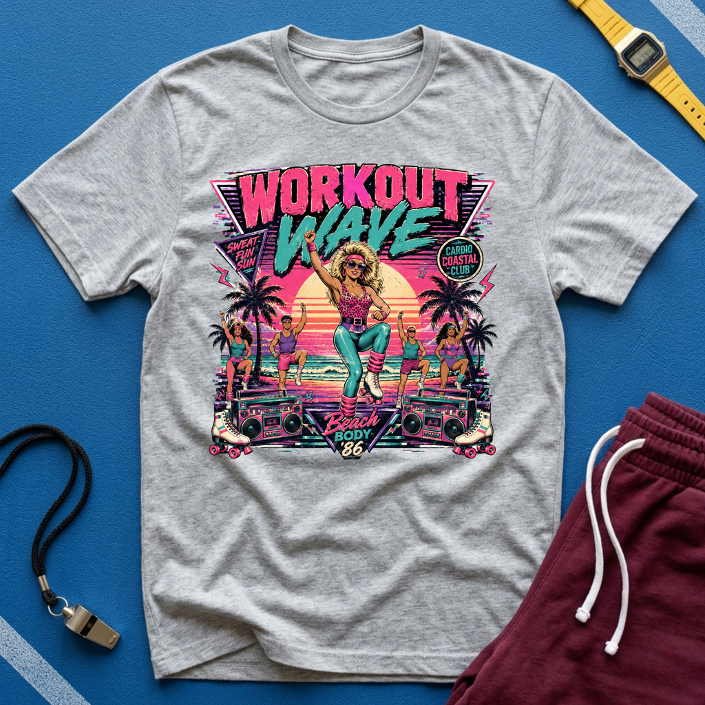 Workout Wave T-Shirt - Retro 80s Fitness Beach Graphic