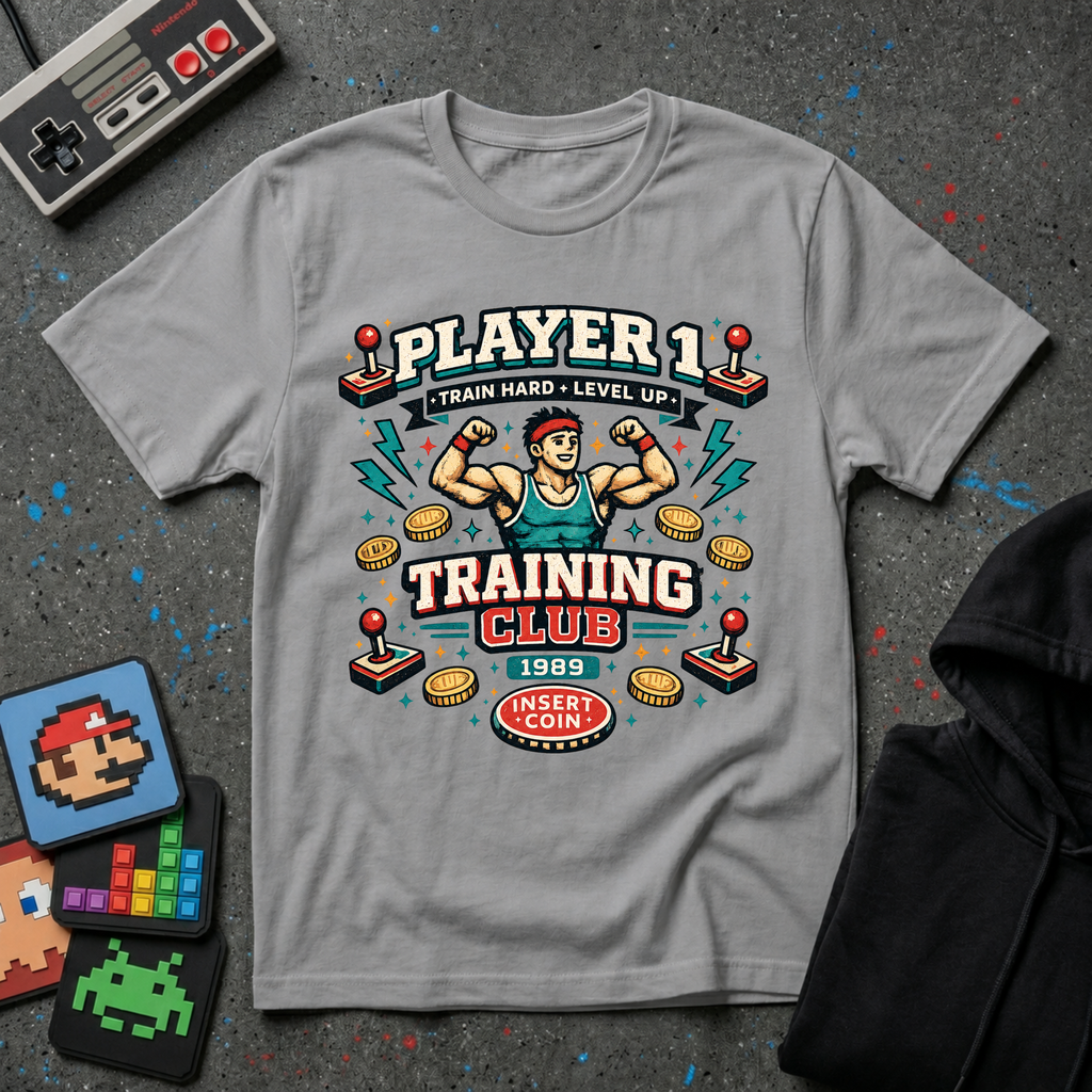 Player 1 Training Club T-Shirt - "Train Hard • Level Up" Gamer Fitness Tee