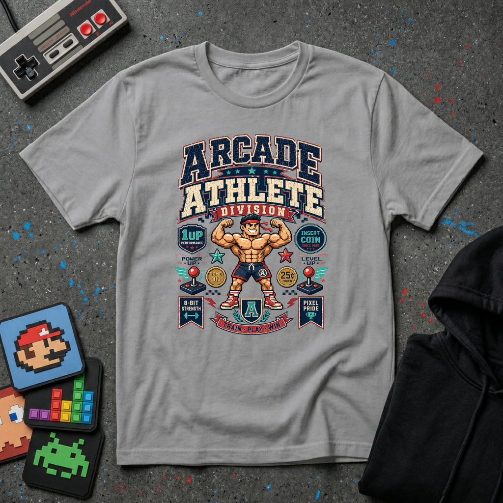 Arcade Athlete T-Shirt - Retro Gaming Muscle Graphic Tee