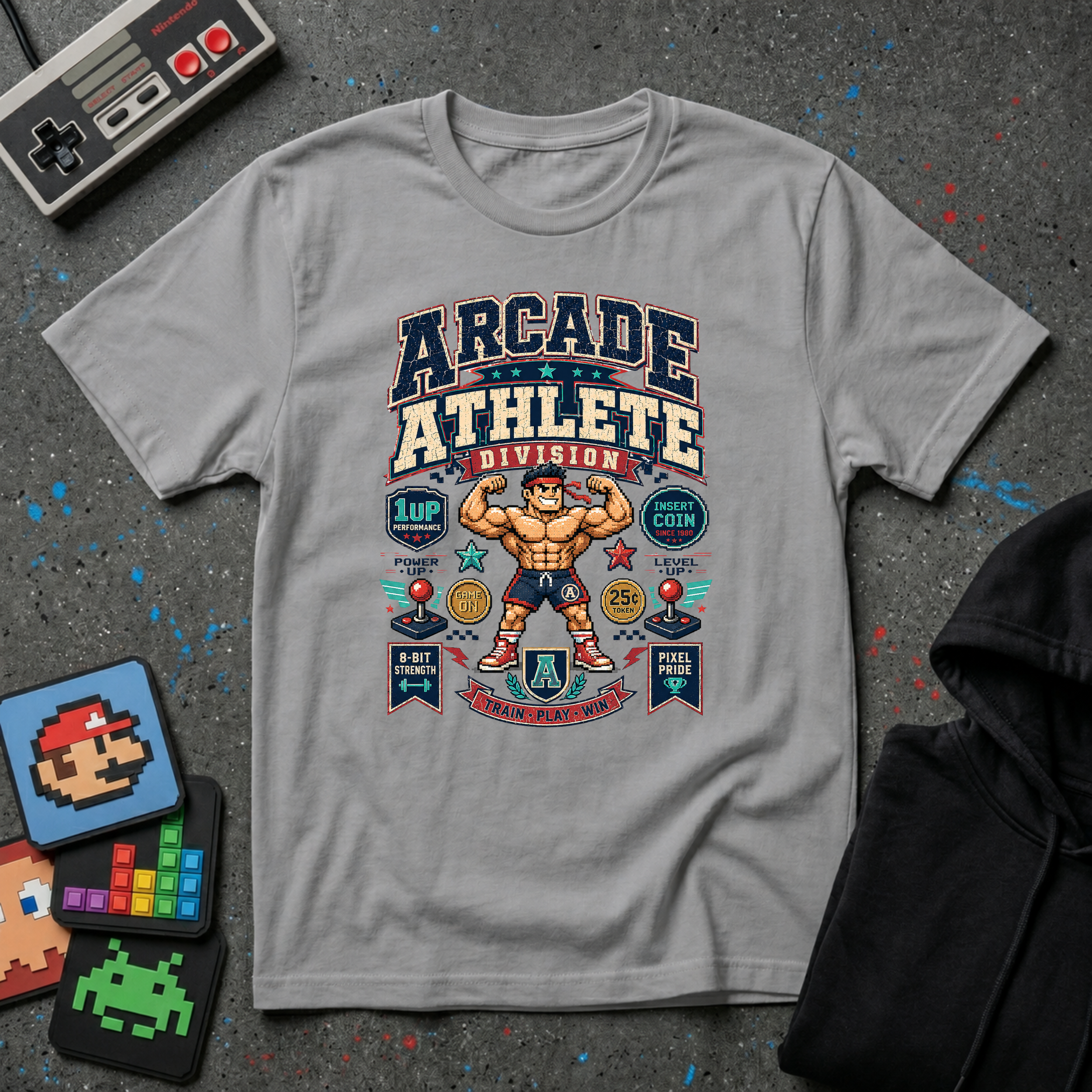 Arcade Athlete T-Shirt - Retro Gaming Muscle Graphic Tee