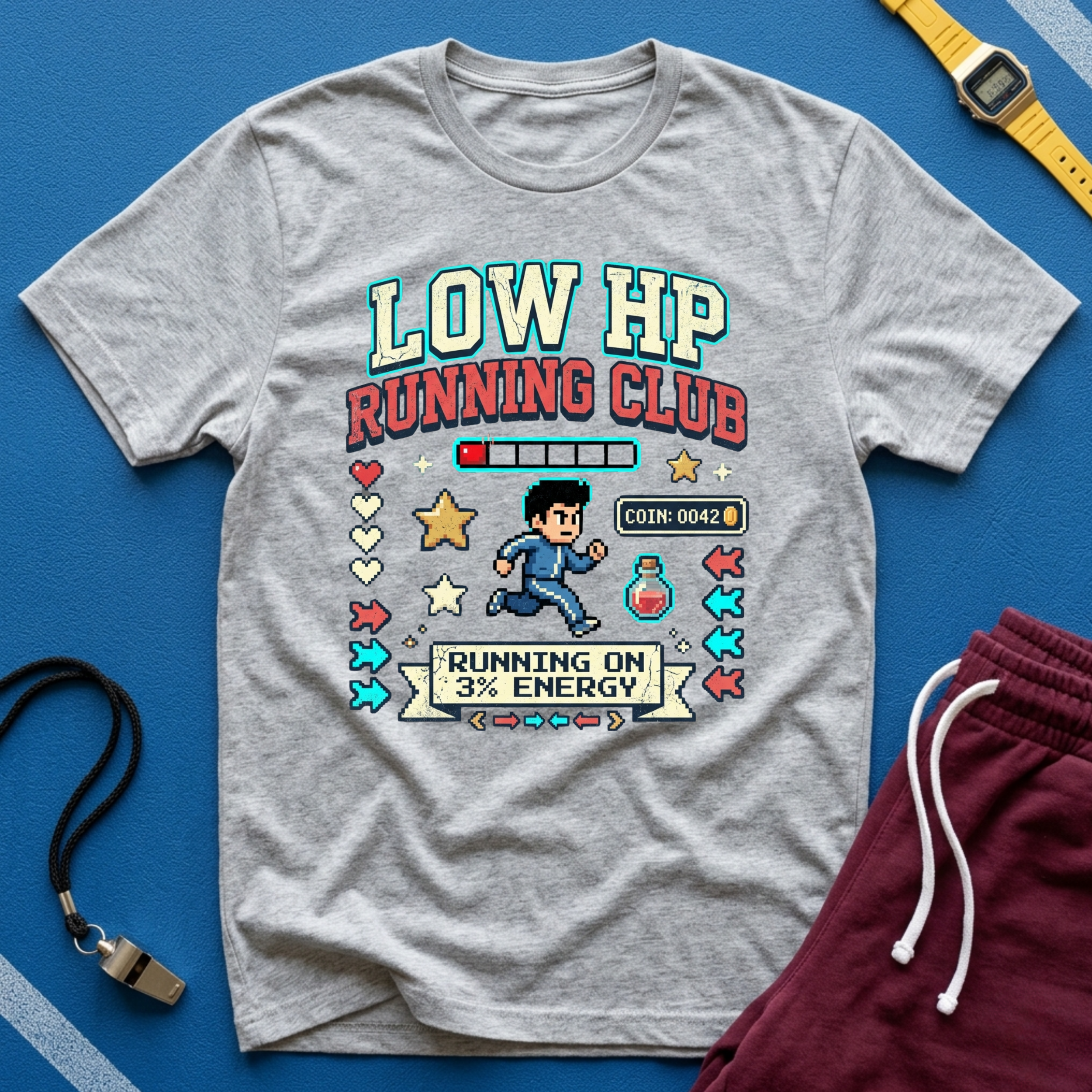 Low HP Running Club T-Shirt - Retro Video Game Gamer Tee