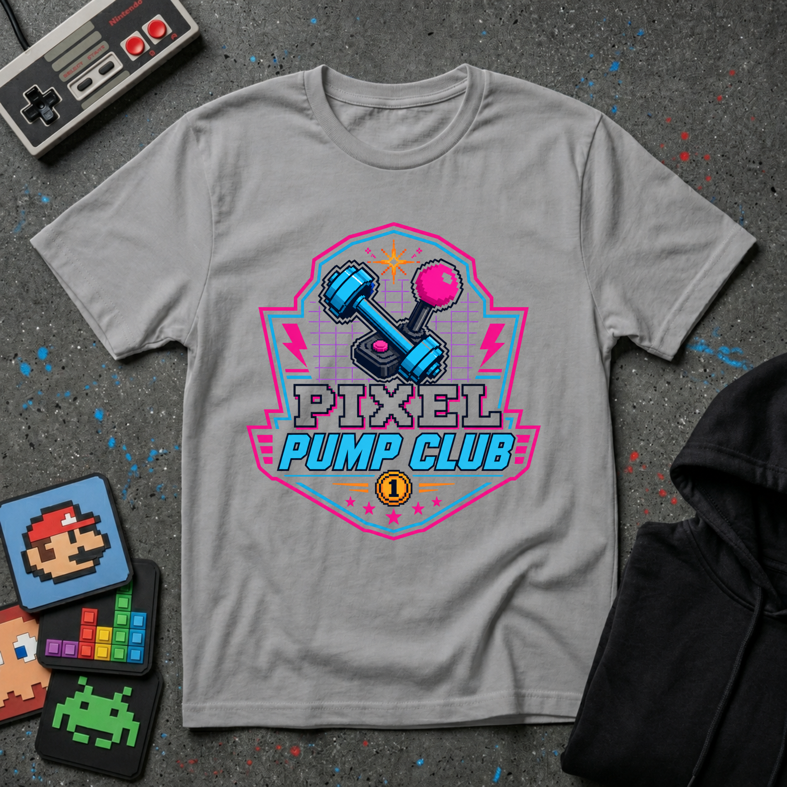 Pixel Pump Club T-Shirt - Retro Gaming Dumbbell Fitness Tee