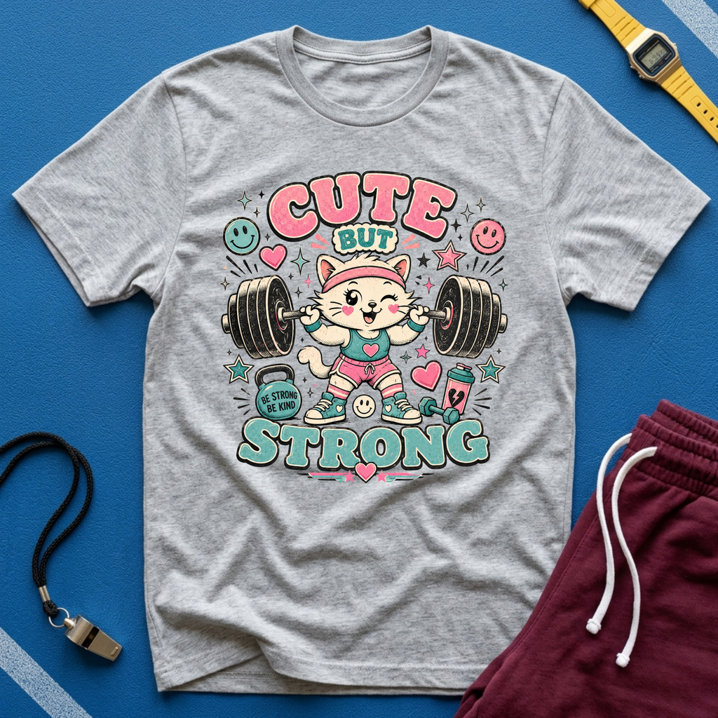 Cute But Strong T-Shirt - Kawaii Weightlifting Cat Gym Tee