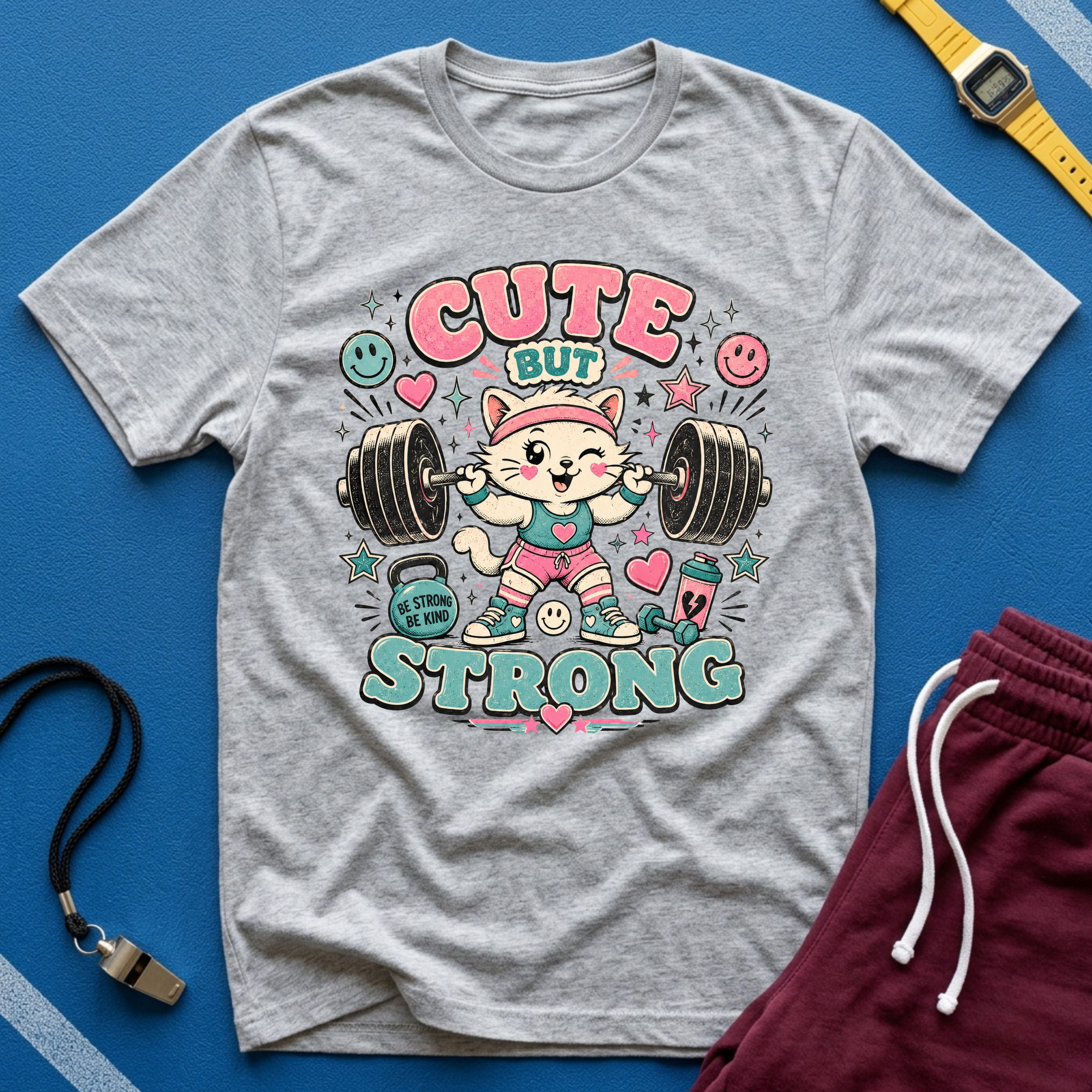 Cute But Strong T-Shirt - Kawaii Weightlifting Cat Gym Tee