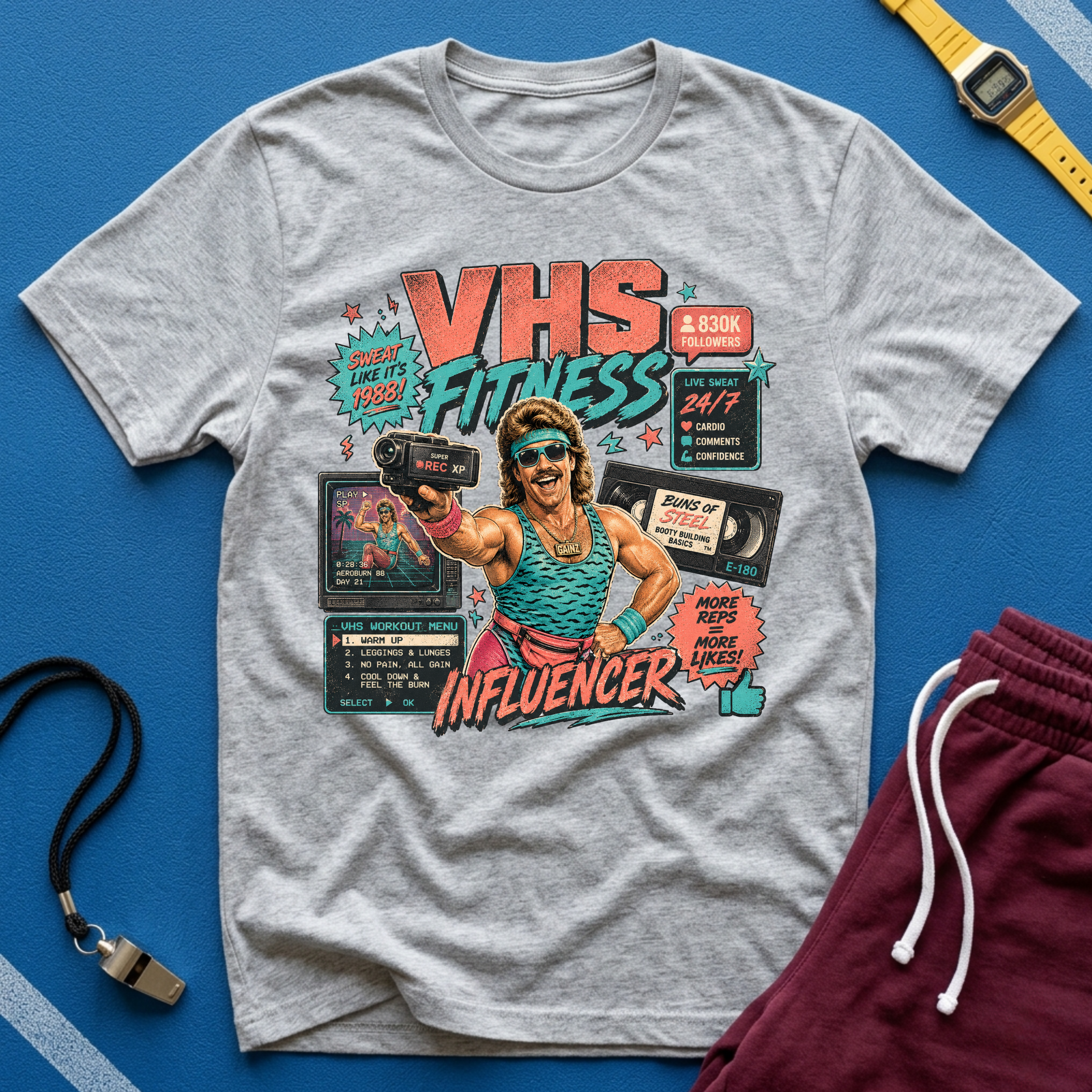 VHS Fitness Retro T-Shirt - "Influencer" 80s Workout Vintage Tee