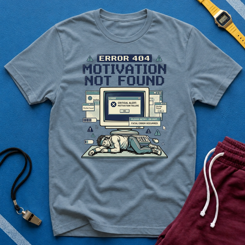 Motivation Not Found T-Shirt - Retro Error 404 Graphic Tee for Gamers & Students