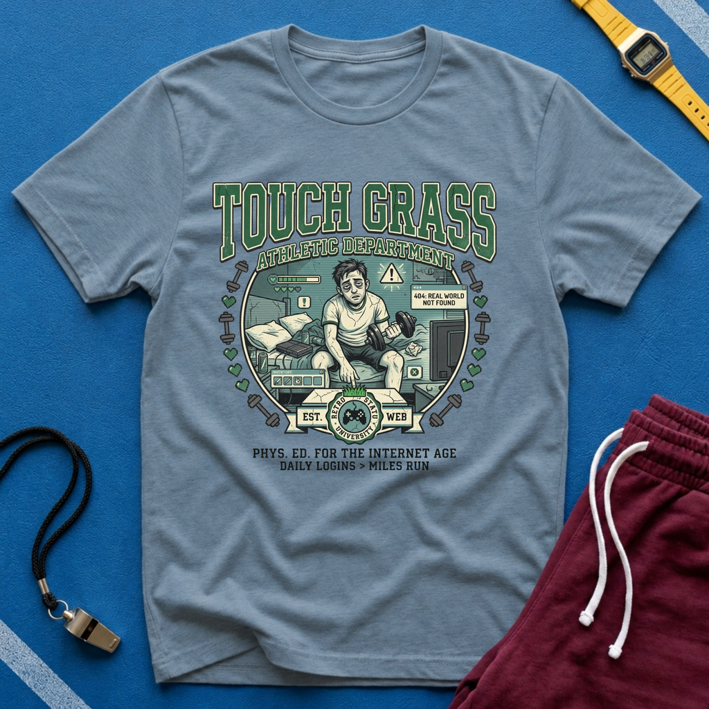 Retro Athletic 'Touch Grass' Graphic Tee for Gamers & Introverts