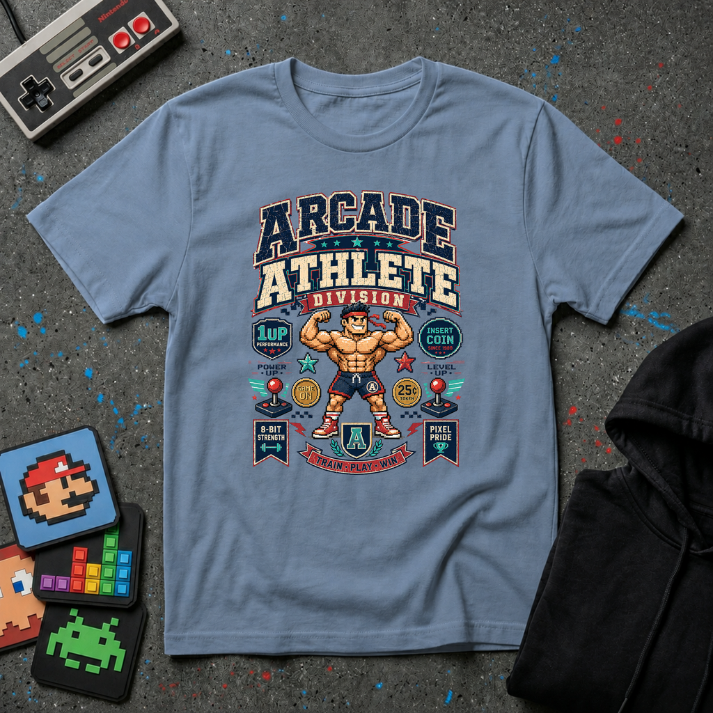 Arcade Athlete T-Shirt - Retro Gaming Muscle Graphic Tee
