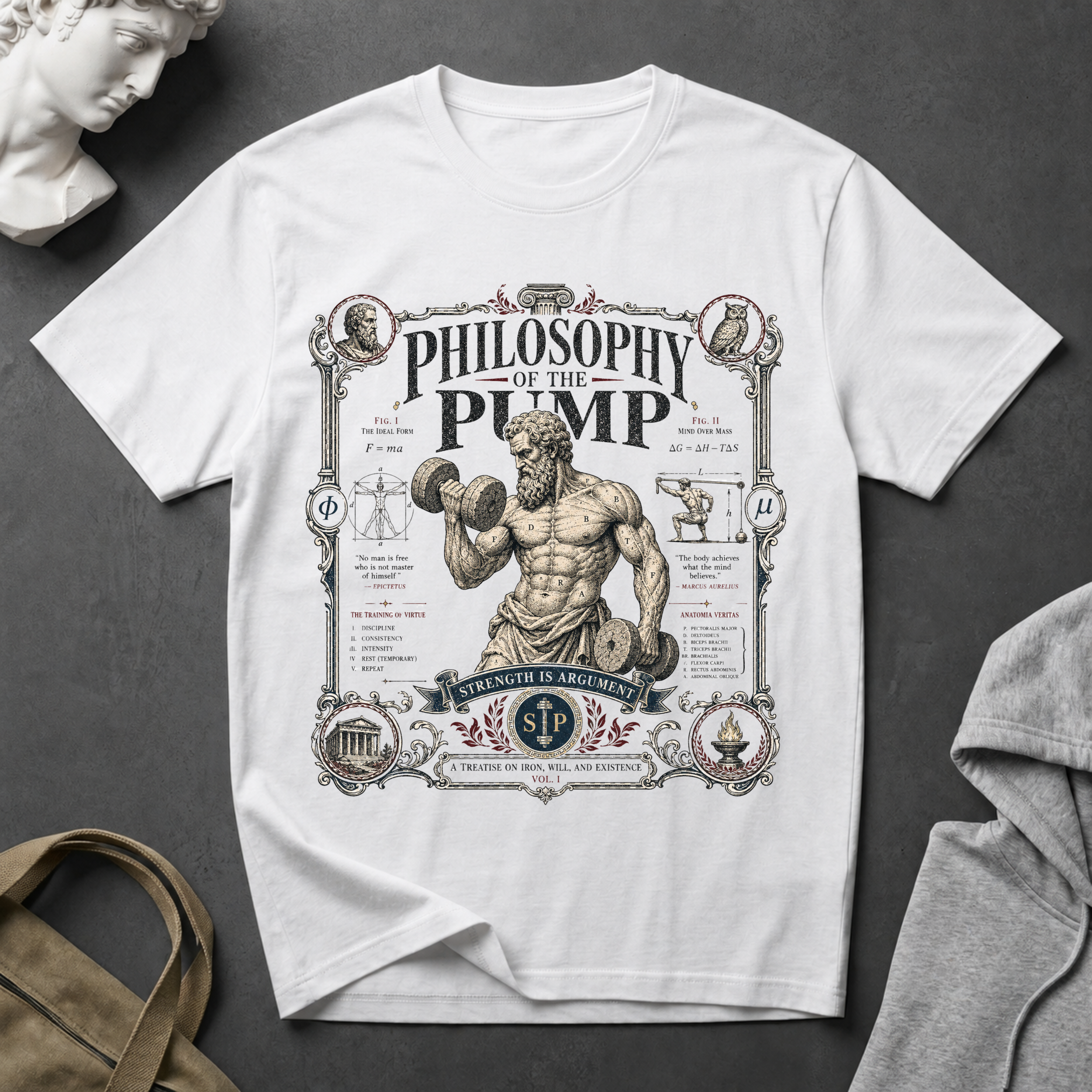 Philosophy of the Pump T-Shirt - Vintage Bodybuilding Dumbbell Tee
