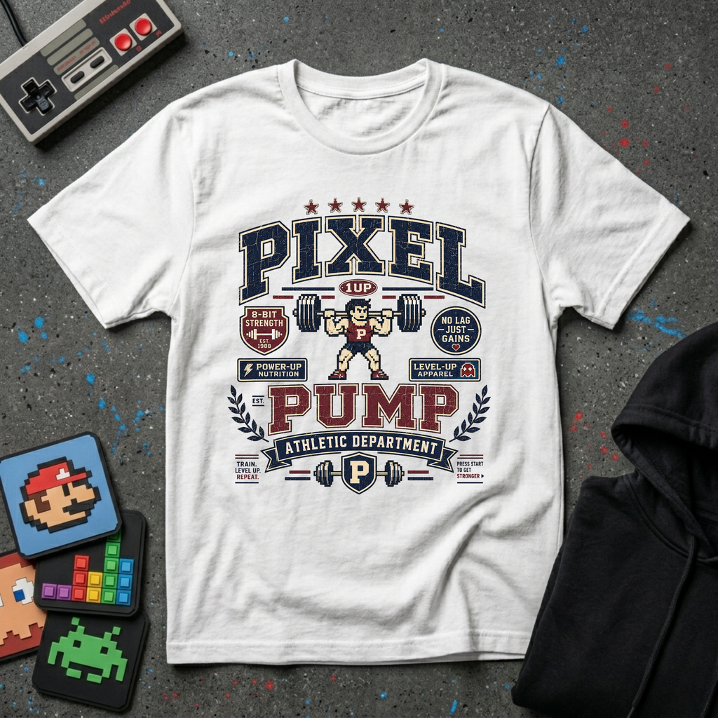 Pixel Pump T-Shirt - Retro 8-Bit Weightlifting Graphic Tee