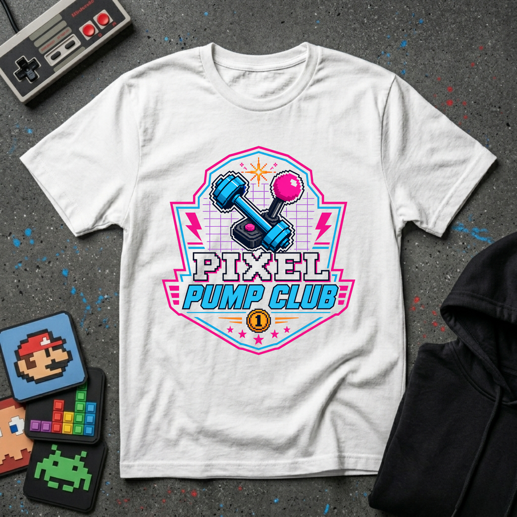 Pixel Pump Club T-Shirt - Retro Gaming Dumbbell Fitness Tee