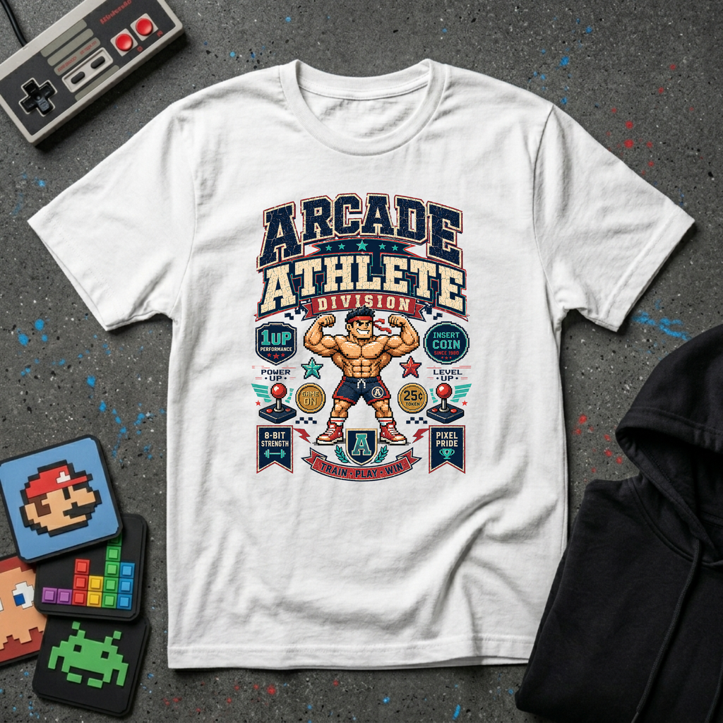 Arcade Athlete T-Shirt - Retro Gaming Muscle Graphic Tee