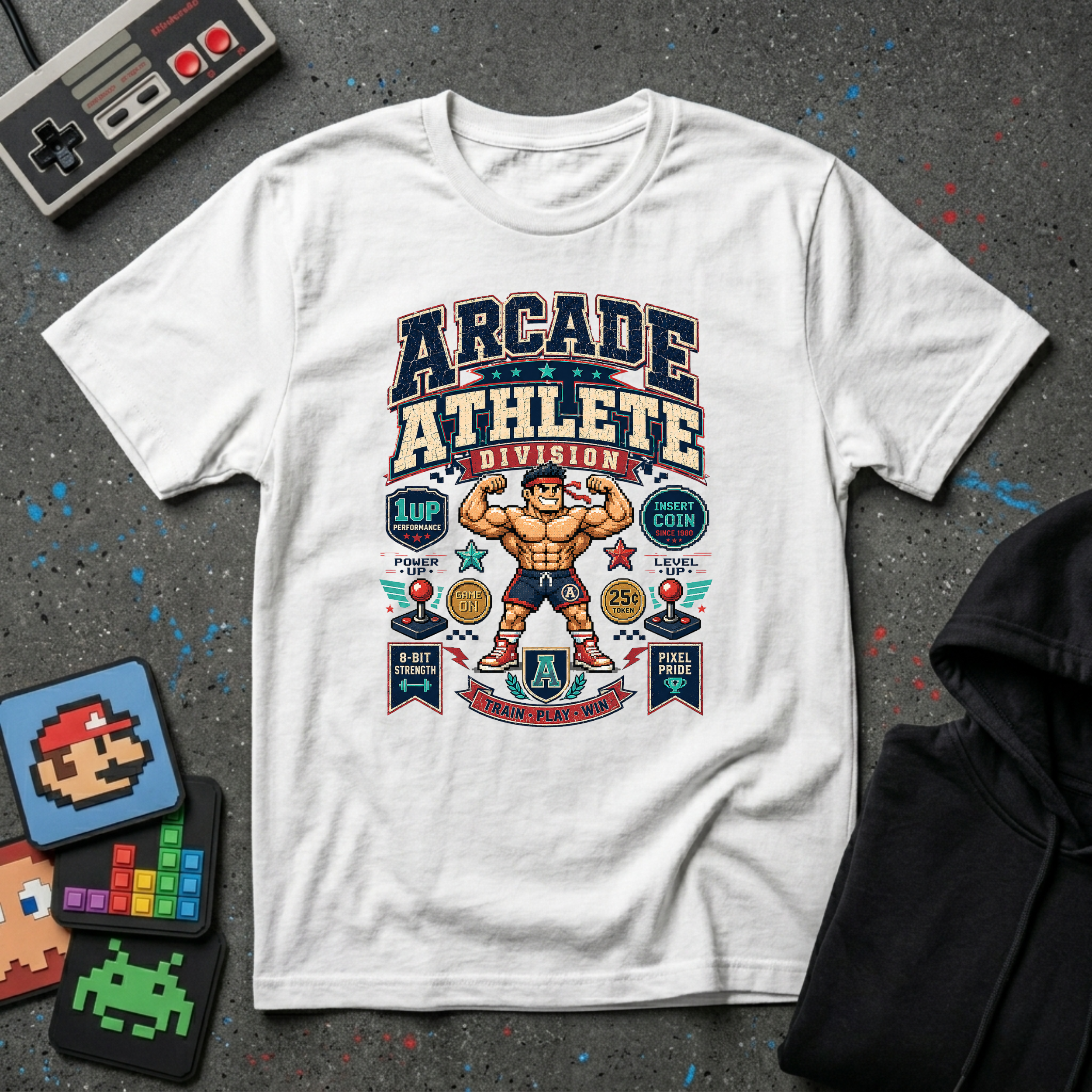 Arcade Athlete T-Shirt - Retro Gaming Muscle Graphic Tee