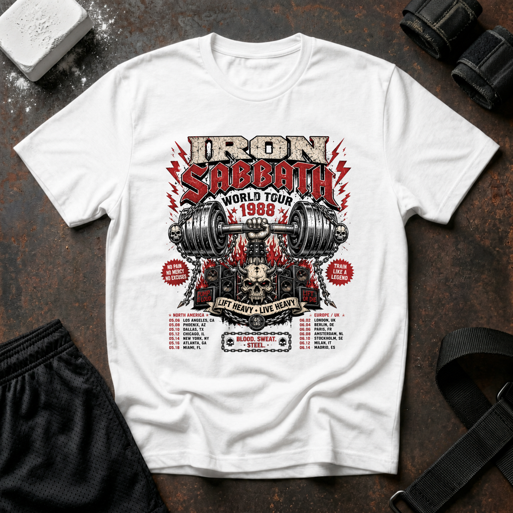 Iron Sabbath 1988 World Tour T-Shirt - Vintage Gym Barbell Rock Tee