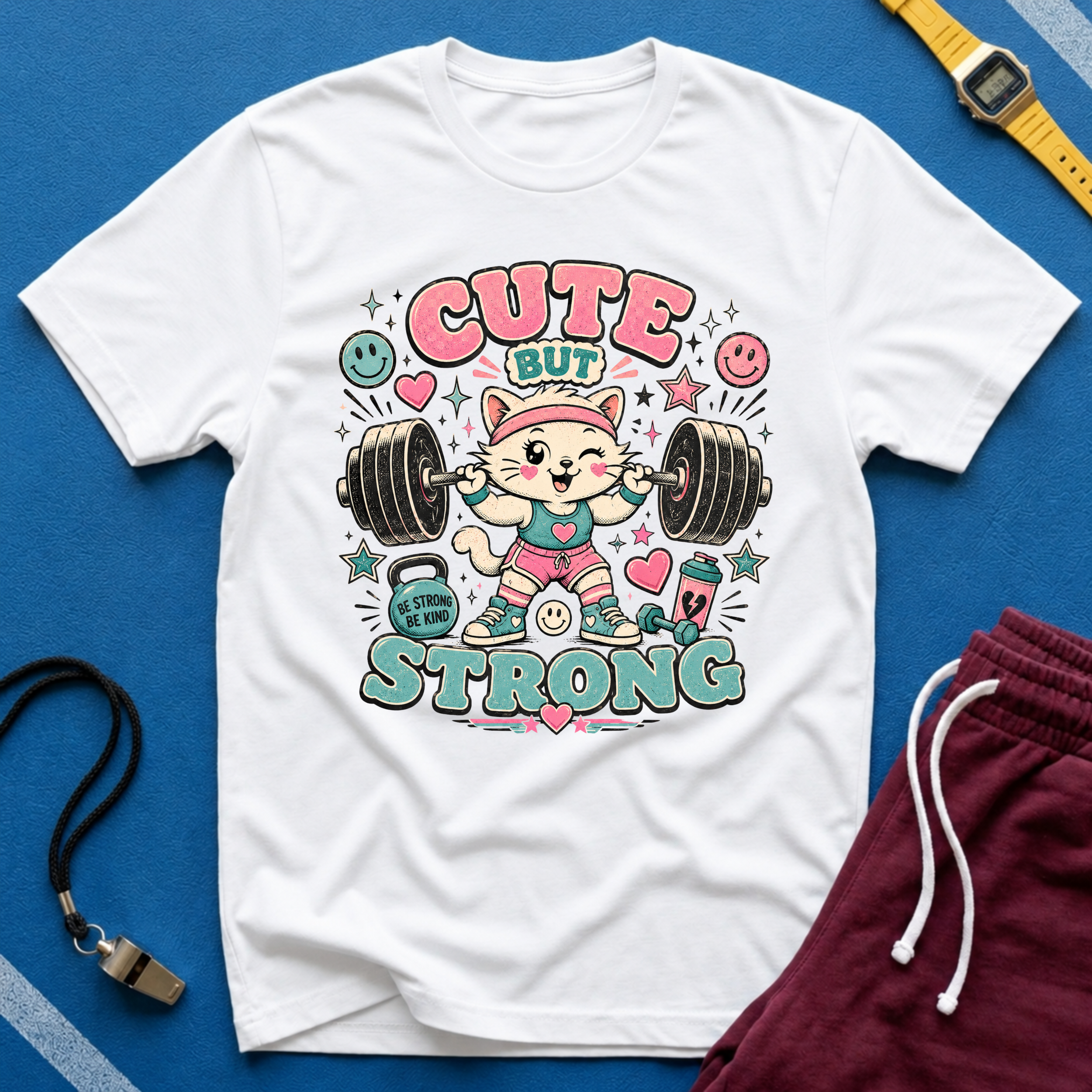 Cute But Strong T-Shirt - Kawaii Weightlifting Cat Gym Tee