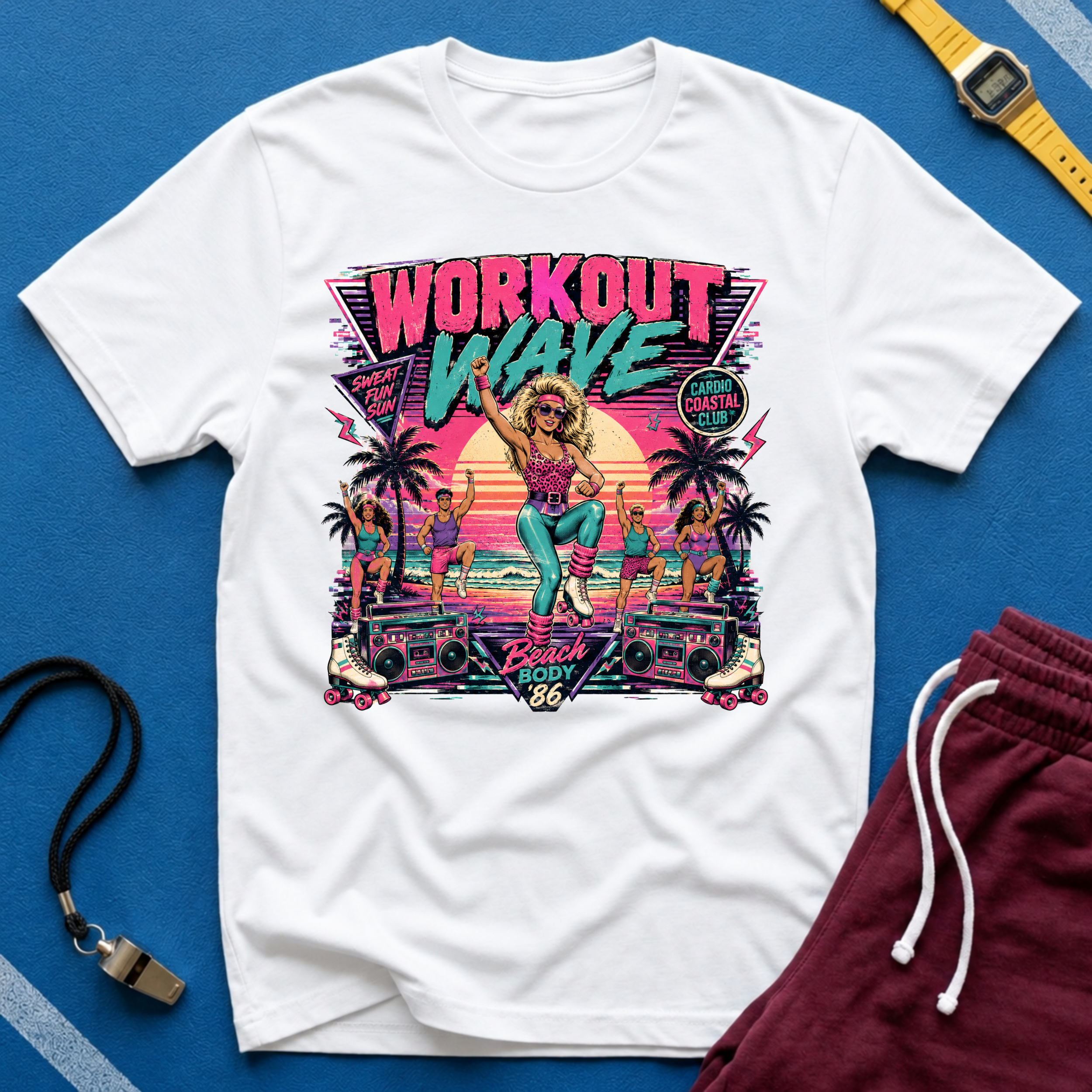 Workout Wave T-Shirt - Retro 80s Fitness Beach Graphic
