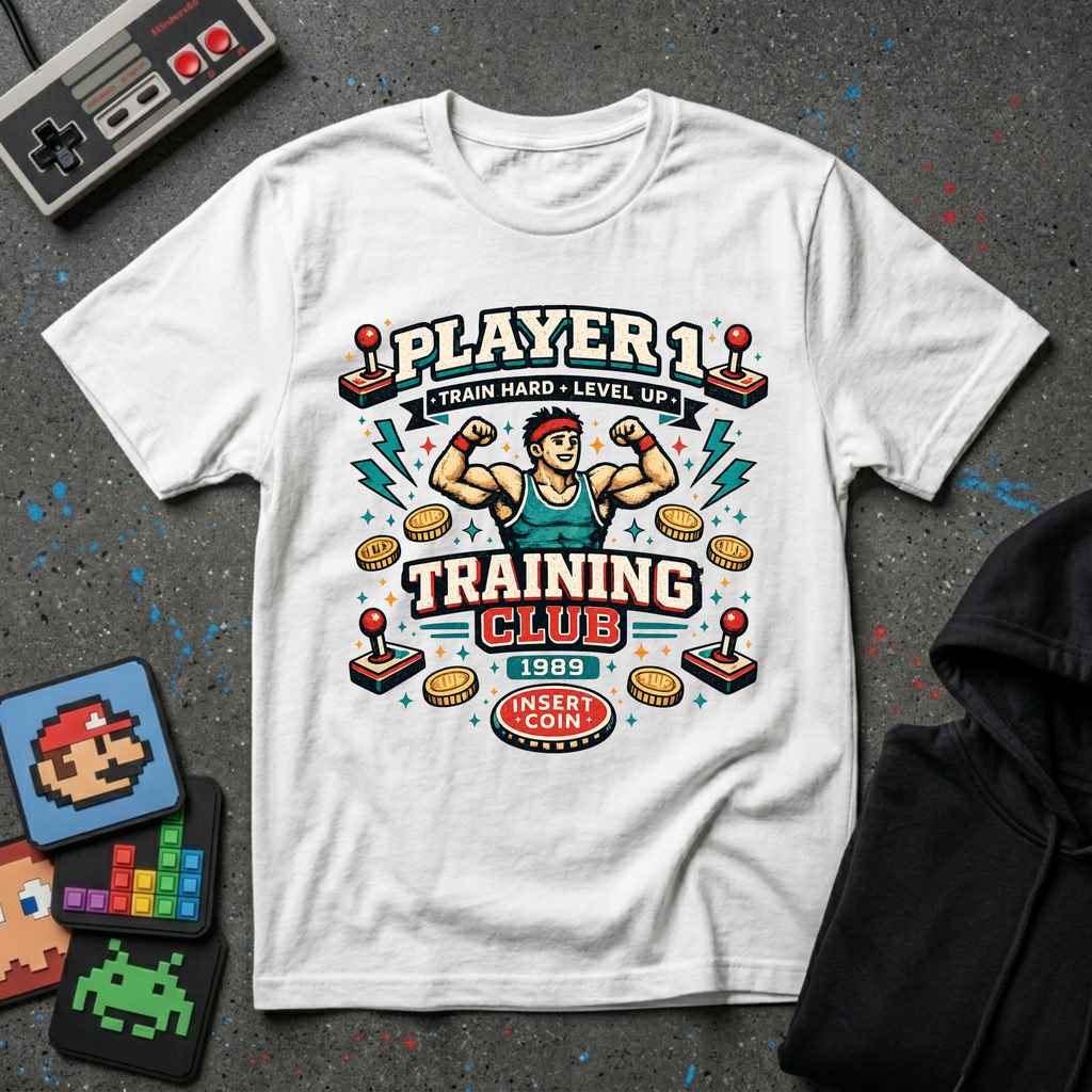 Player 1 Training Club T-Shirt - "Train Hard • Level Up" Gamer Fitness Tee