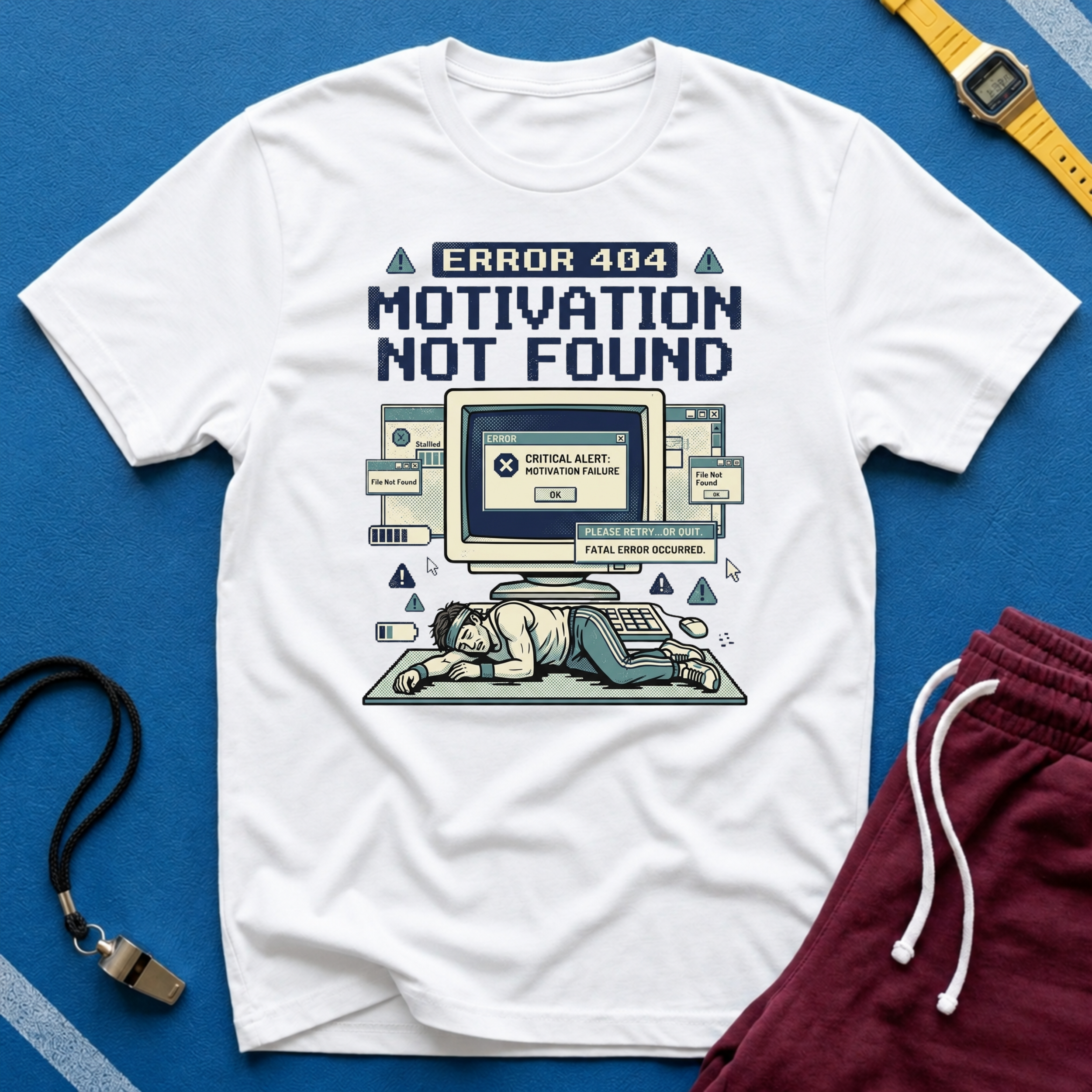 Motivation Not Found T-Shirt - Retro Error 404 Graphic Tee for Gamers & Students